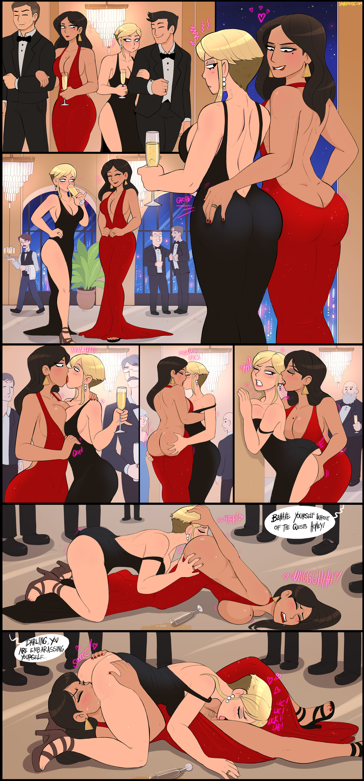 2girls, 69, alcohol, ass, ass cleavage, ass crack, ass grab, ass in dress, ass sniffing, being watched, bimbo, black hair, blonde hair, breasts, bubble ass, bubble butt, butt crack, cheating, cheating wife, cleavage, comic, cunnilingus, dress, eyeshadow, female, high heels, kissing, large breasts, lipstick, long hair, makeup, mole, mole under eye, multiple females, multiple girls, no bra, no panties, oral, original, public, public nudity, public sex, shadman, short hair, speech bubble, text, yuri