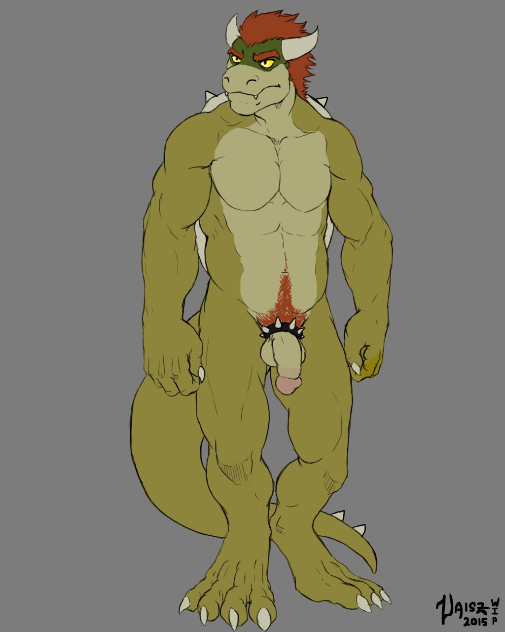 1boy 2015 anthro artist_name balls ballsack bara beefy blank_background bowser circumcised circumcision_scar claws cock_ring dragon fangs flaccid_penis full-length_portrait full_body green_head green_skin grey_background horns humanoid_penis male male_only male_pubic_hair mario_(series) masculine mature_male musclegut muscles muscular_male nintendo nude_male orange_hair pecs penis scalie scrotum simple_background smooth_penis solo standing tail testicles vaisz yellow_eyes