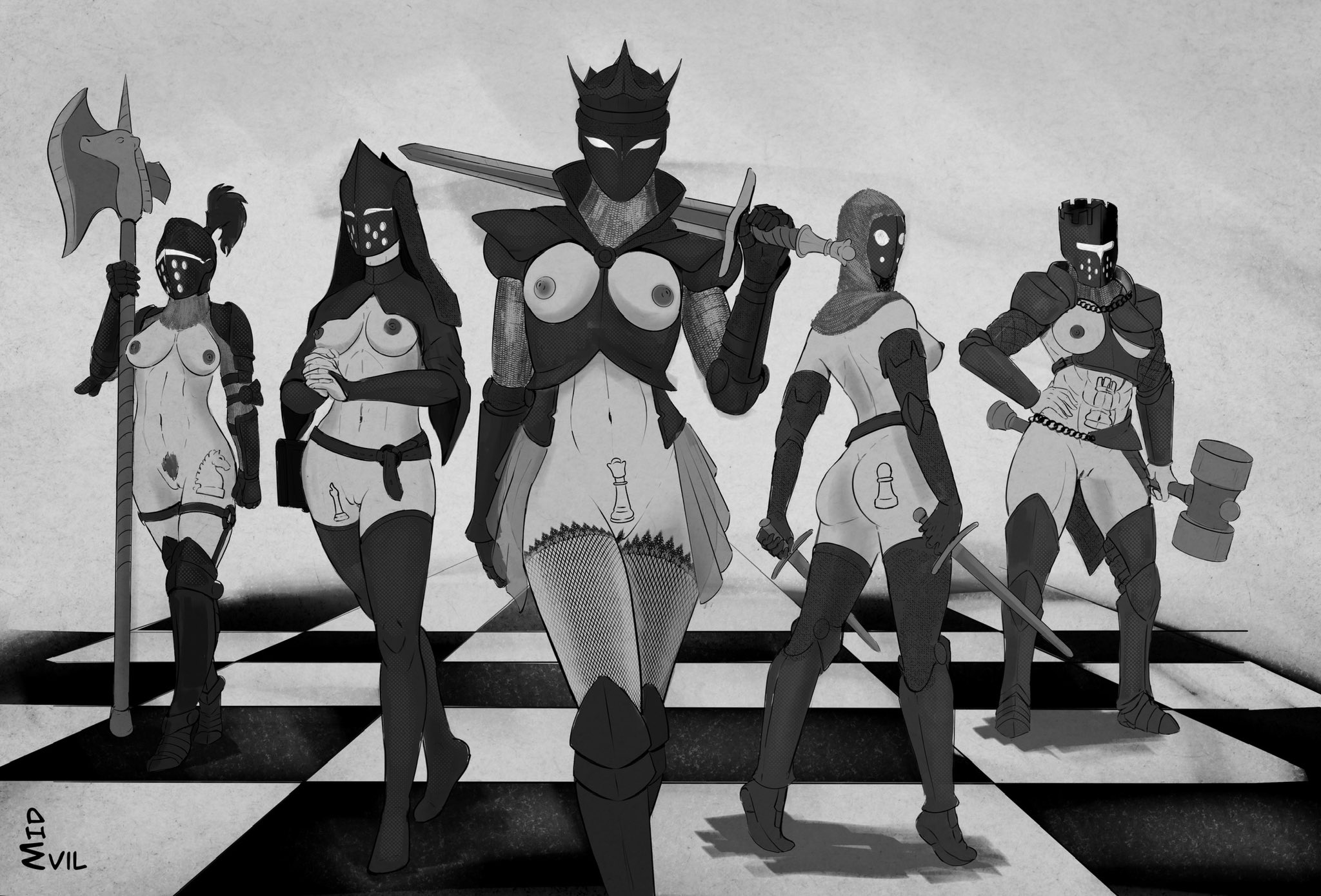 armor, armour, axe, bishop (chess), black and white, chess, chess piece, dagger, exposed breasts, exposed pussy, female only, hammer, helmet, knight (chess), midevil, monochrome, pawn (chess), queen (chess), rook (chess), sword, tagme, thighhighs