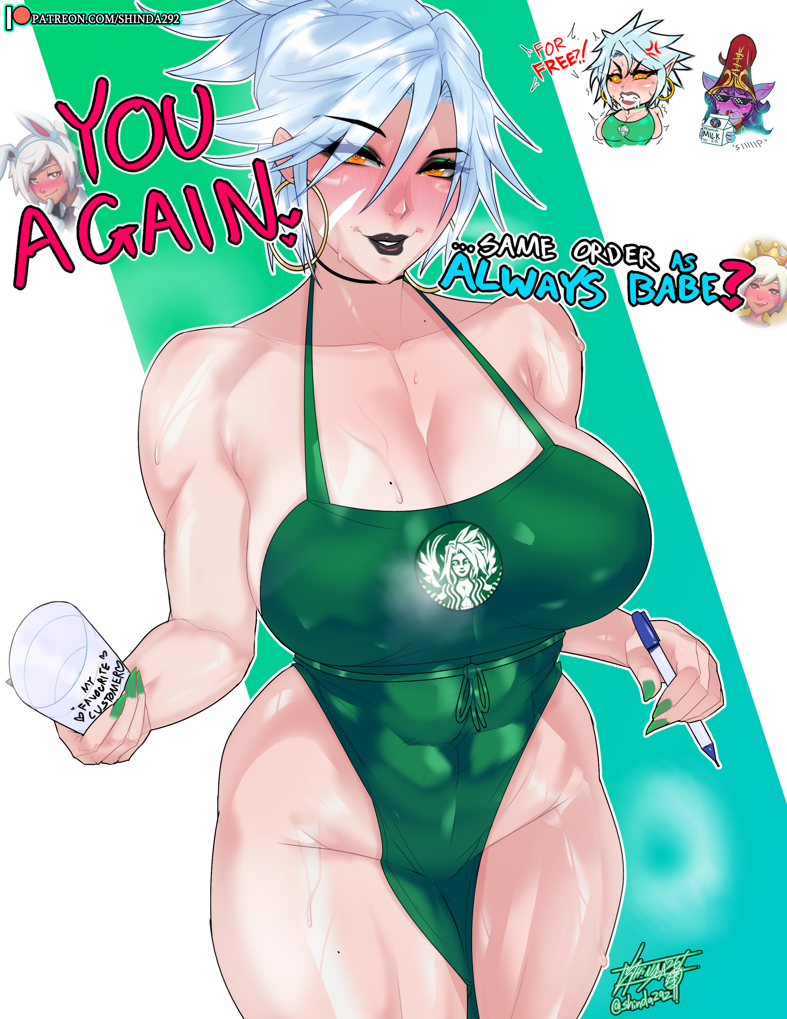 1girls, 3girls, abs, angry, angry face, apron, apron only, artist name, artist signature, athletic, athletic female, background characters, blush, breasts, breasts bigger than head, coffee cup, dark lipstick, earrings, english, english text, female, female abs, female focus, female only, foaming at the mouth, green nails, heart-shaped pupils, hi res, highres, holding pen, hoop earrings, hoop earrings oversized, hourglass figure, huge breasts, iced latte with breast milk, implied male pov, kayle, league of legends, legs together, looking at viewer, lulu the fae sorceress, milk carton, mole on breast, mole on shoulder, mommy, muscle mommy, muscular, muscular arms, muscular female, muscular shoulders, muscular thighs, naked apron, orange eyes, riot games, riven, shinda292, simple background, sipping, spiky hair, starbucks, starbucks barista, straw, sweat, sweaty, sweaty body, text, thick thighs, viewer pov