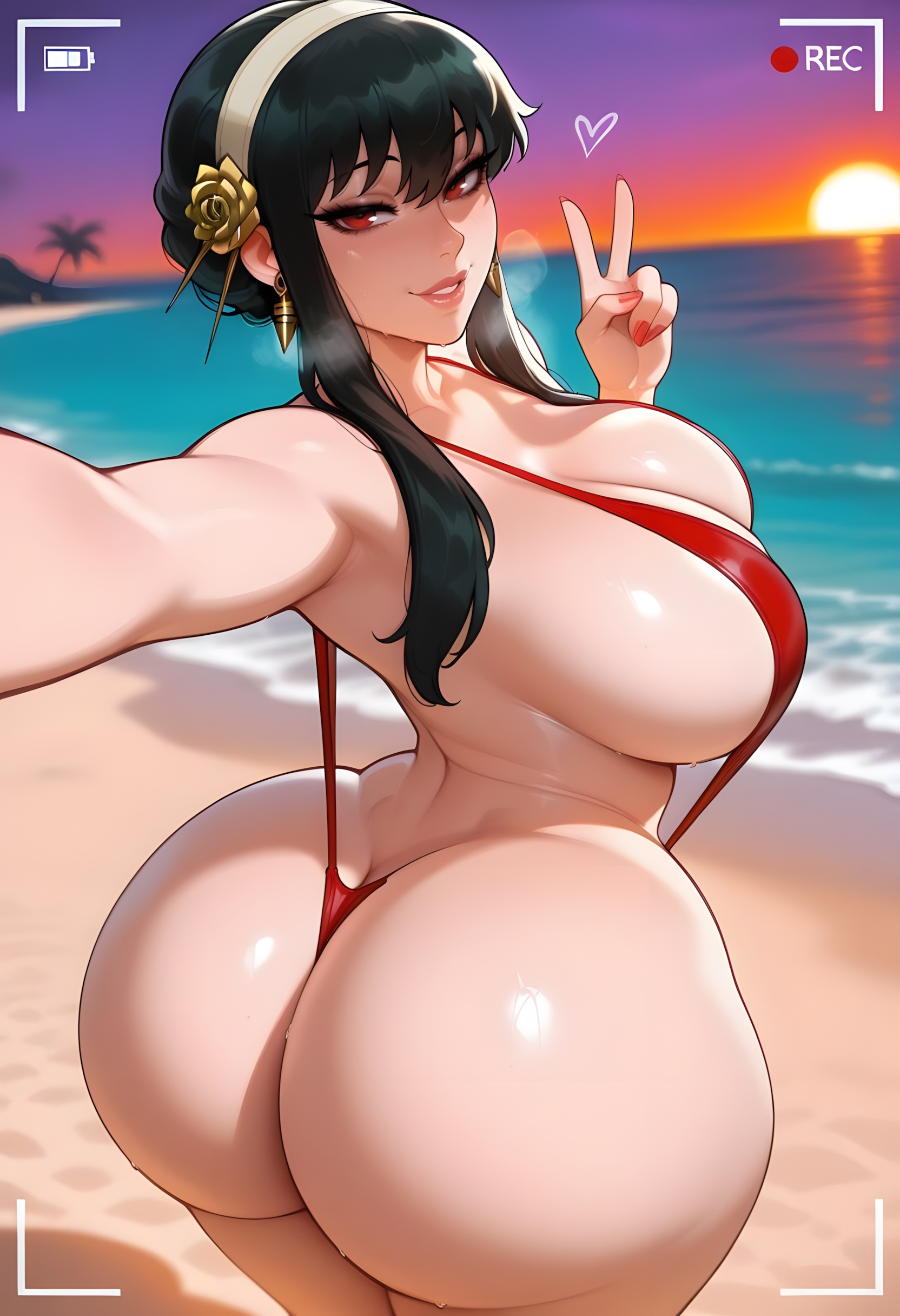 1girls, ai generated, beach, black hair, busty, curvaceous, curvaceous body, curvaceous female, curvaceous figure, curvy, curvy body, curvy female, curvy figure, curvy hips, dreamcoreart, female, female only, hi res, highres, huge ass, huge breasts, light-skinned female, long hair, naughty face, outdoors, sling bikini, slingshot swimsuit, solo, solo female, spy x family, stable diffusion, sunset, teasing, teasing viewer, thick thighs, voluptuous, voluptuous body, voluptuous female, yor briar, yor forger