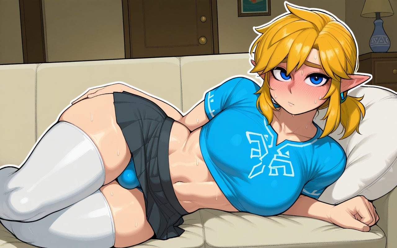 ai assisted, ai generated, blush, breath of the wild, bulge, futanari, link, link (breath of the wild), shorts, shy, the legend of zelda, thighhighs, tummy, xmito