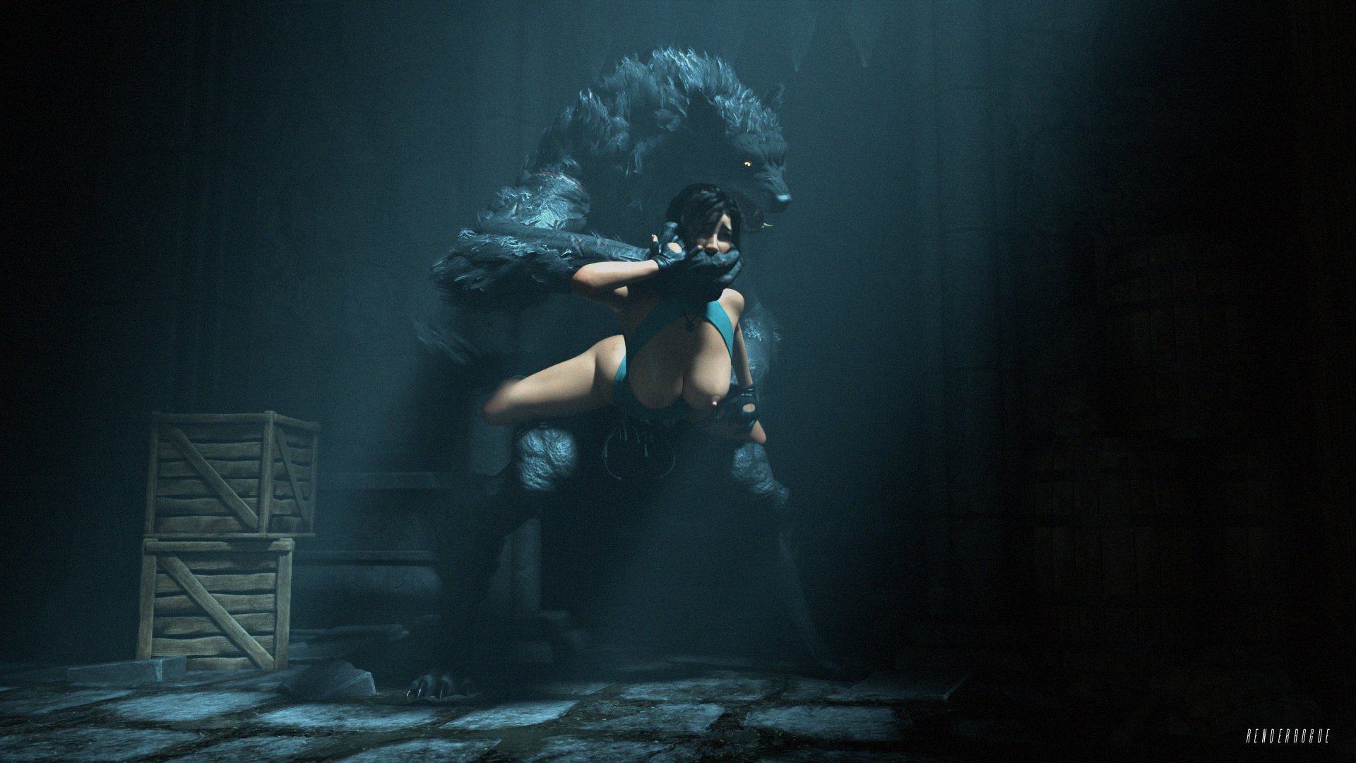 1boy, 1girls, 3d, busty, female, hourglass figure, lara croft, lara croft (survivor), male, monster, renderrogue, tagme, tomb raider, tomb raider (survivor), werewolf, wide hips