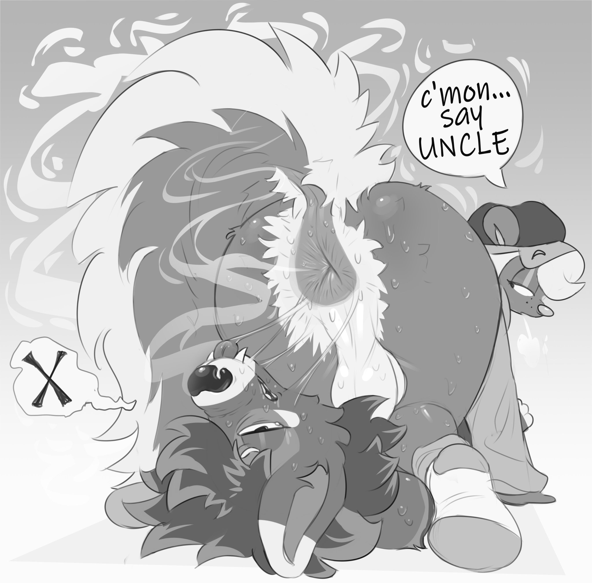 anus, ass, butt smother, cap, dragon, fangs, fluffy tail, hair, hat, hybrid, iamapoliceman, looking back, male, male/male, musk, musk clouds, sabertooth, sigh, skunk, socks, sweat, sweatdrop, tail