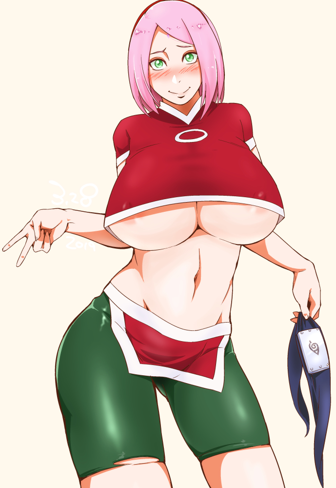 1girls, alternate breast size, big breasts, bike shorts, blush, boruto: naruto next generations, breasts, breasts bigger than head, clothing, female, female only, green eyes, headband, huge breasts, large breasts, naruto, naruto (series), naruto shippuden, pink hair, sakura haruno, short hair, simple background, smile, solo, sunahara wataru, v