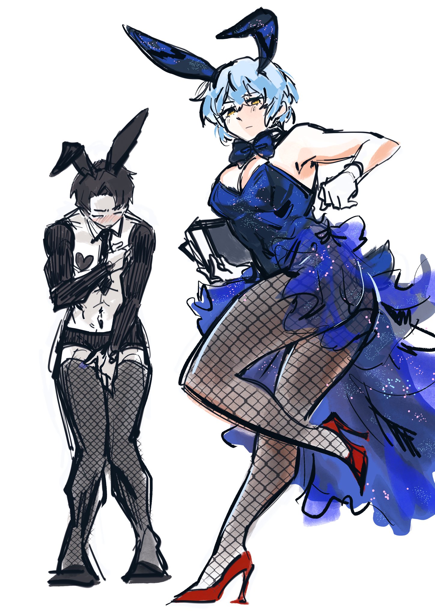 angela (library of ruina), armpits, big ass, big breasts, blue hair, breasts, bunny ears, bunnysuit, heel boots, heels, library of ruina, liliesbloom4me, lobotomy corporation, project moon, roland (library of ruina), skirt, stockings, tagme, thick ass, thick hips, thick legs, thick thighs, thighs