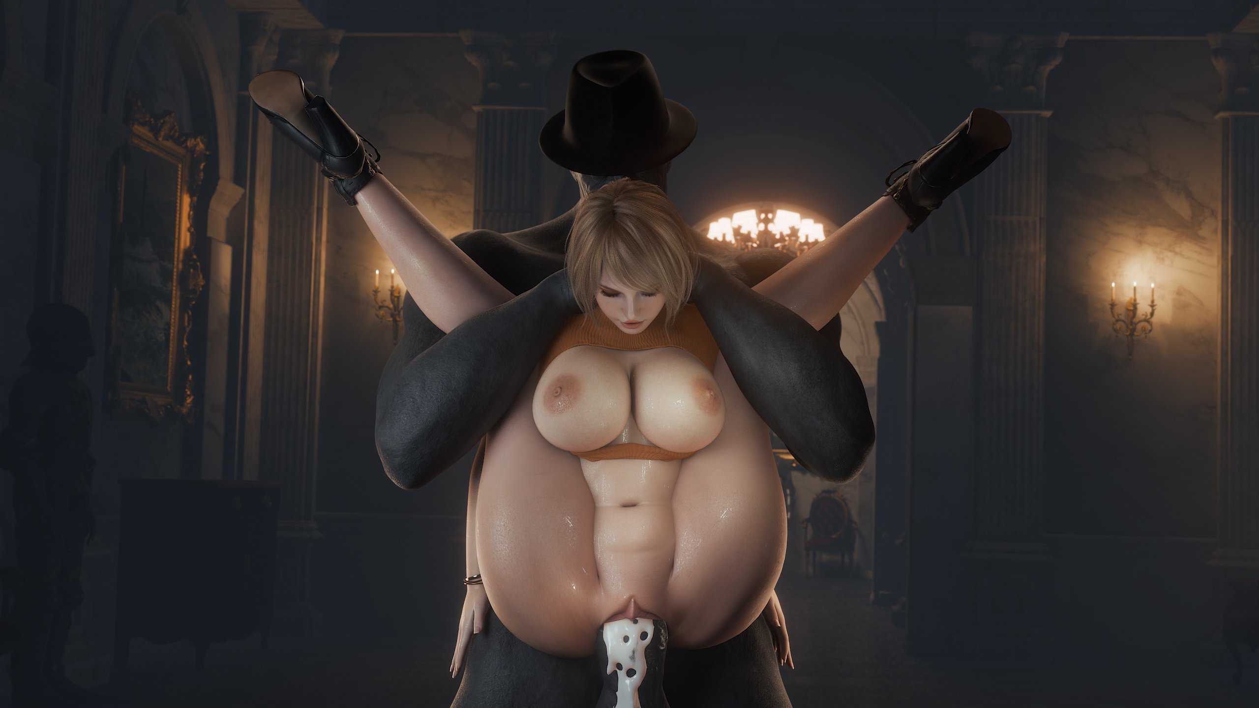 1boy, 1girls, 2026, 3d, alternate body type, alternate breast size, ankle boots, areolae, ashley graham, ashley graham (ella freya), axenanim, balls, block heels, blonde hair, chubby, chubby female, clitoral hood, clitoris, completely nude, creampie, cum, cum drip, cum dripping, cum dripping out of pussy, cum inside, cum overflow, detailed background, duo, female, female penetrated, front view, functionally nude, green eyes, held up, high heel boots, high heels, huge breasts, in-game background, in-universe location, indoors, labia majora, labia minora, looking at genitalia, male, medium hair, mr x, navel, nipples, nude, nude female, nude male, penis, pussy, resident evil, resident evil 2, resident evil 2 remake, resident evil 4, resident evil 4 remake, reverse suspended congress, straight, straight sex, stretched pussy, sweater, turtleneck, turtleneck sweater, tyrant, vaginal creampie, vaginal penetration, vaginal sex, voluptuous, voluptuous female