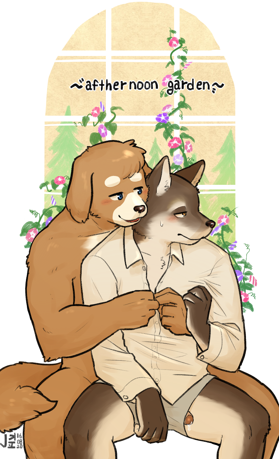 5_fingers anthro blue_eyes blush boxers_(clothing) brown_eyes brown_fur canid canine canis clothing domestic_dog duo foreskin fur grey_fur hi_res humanoid_penis jeck male mammal necktie penis precum romantic_couple shirt solo uncut underwear white_fur yaoi