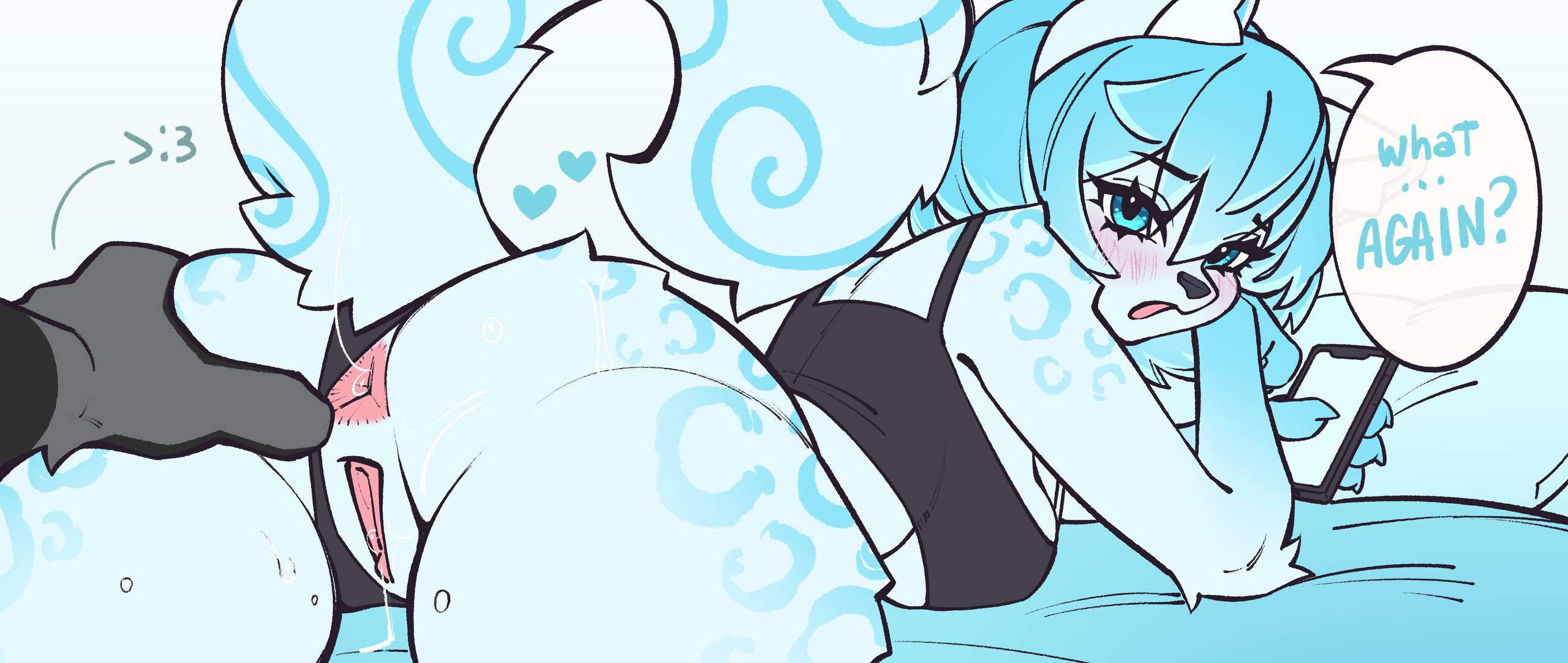>:3, 1boy, 1boy1girl, 1girls, 2d, 2d (artwork), 2d artwork, anus, anus peek, ass, blue, blue body, blue eyes, blue fur, blue hair, blue skin, blush, blush lines, butt focus, dialogue, dialogue bubble, female, furry, furry ears, furry female, furry male, furry only, furry tail, hand on ass, heart, heart symbol, holding butt, looking at viewer, looking back, lying, lying on stomach, male, male/female, no humans, no penetration, no sex, panties, panties aside, phone, pussy, pussy focus, pussy juice, pussy juice drip, pussy peek, sweat, sweaty, tagme, tagme (character), vicc4an