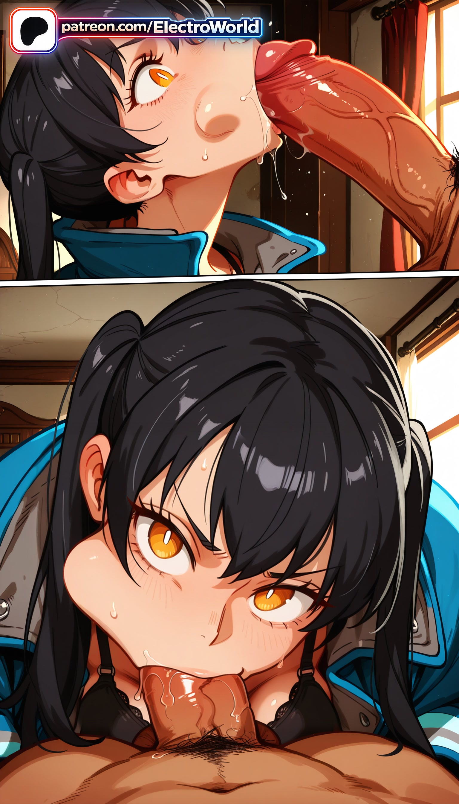:>=, 1boy, 1girls, 2026, ai generated, artist name, black hair, blowjob, blowjob face, blush, breasts, classroom, cock, dark-skinned male, dick, duo, electroworld, en'en no shouboutai, enen no shouboutai, erection, fellatio, female, fire force, hi res, high quality, high resolution, highres, indoors, kotatsu tamaki, licking, licking penis, long hair, male, male pubic hair, oral, oral sex, patreon, patreon username, penis, pubic hair, stable diffusion, straight, sucking, tamaki kotatsu, tongue, tongue out, twintails, uncensored, under the table, underwear, veins, veiny penis, watermark