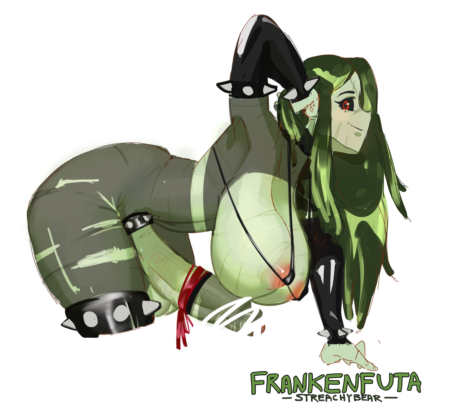 1futa, balls, bar censor, bent over, big balls, breasts, censor bar, censored, dickgirl, futa only, futanari, intersex, large breasts, large penis, original, penis, scars, see-through, solo futa, spiked bracelet, spiked cock ring, spiked collar, streachybear, string bra