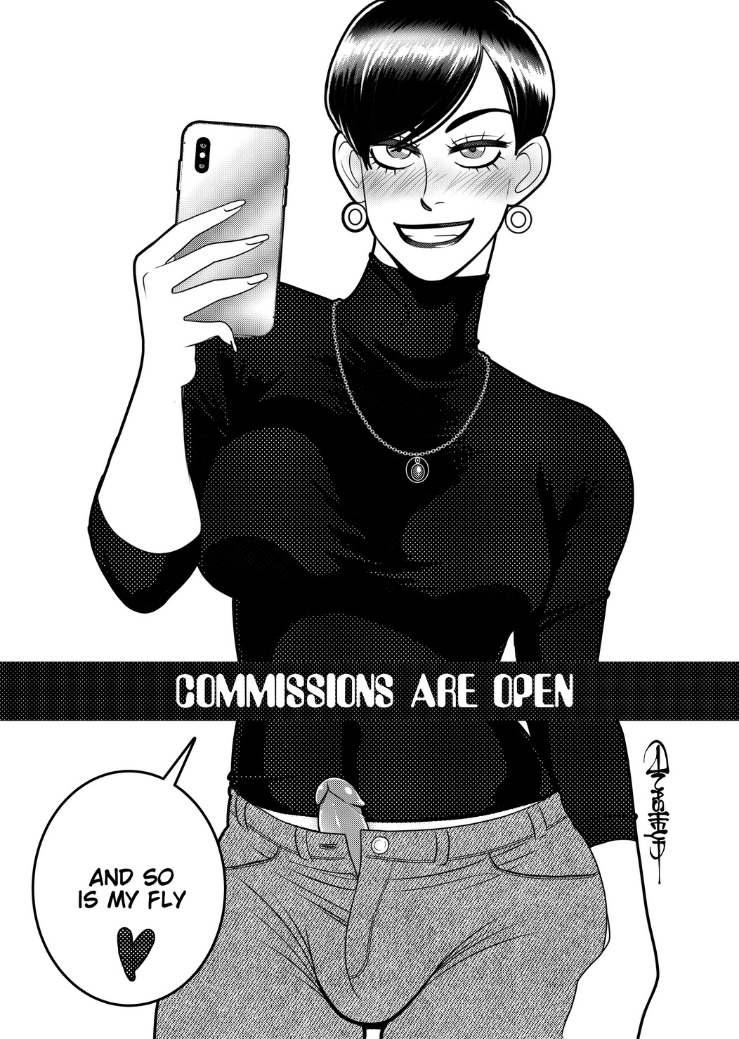 1futa, anasheya, blush, breasts, cleavage, dickgirl, erection, erection under clothes, futa only, futanari, glasses, intersex, looking at viewer, monochrome, open fly, penis, penis under clothes, selfie, solo, solo futa, text