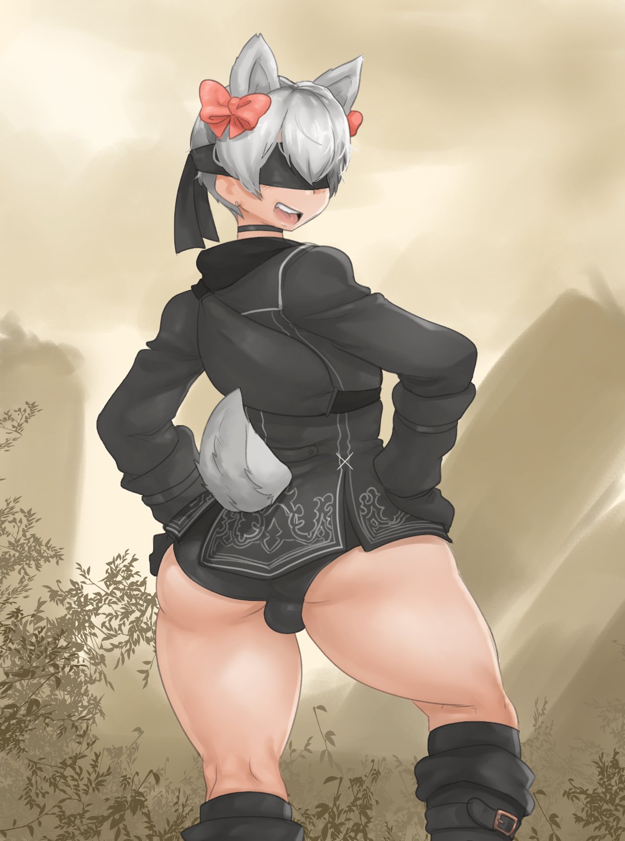 1boy, animal ears, ass, bulge, femboy, girly, looking back, male, male focus, male only, monkeywithaafro, nier: automata, panties, ribbons, robot, solo, solo male, tail, trap, yorha 9s