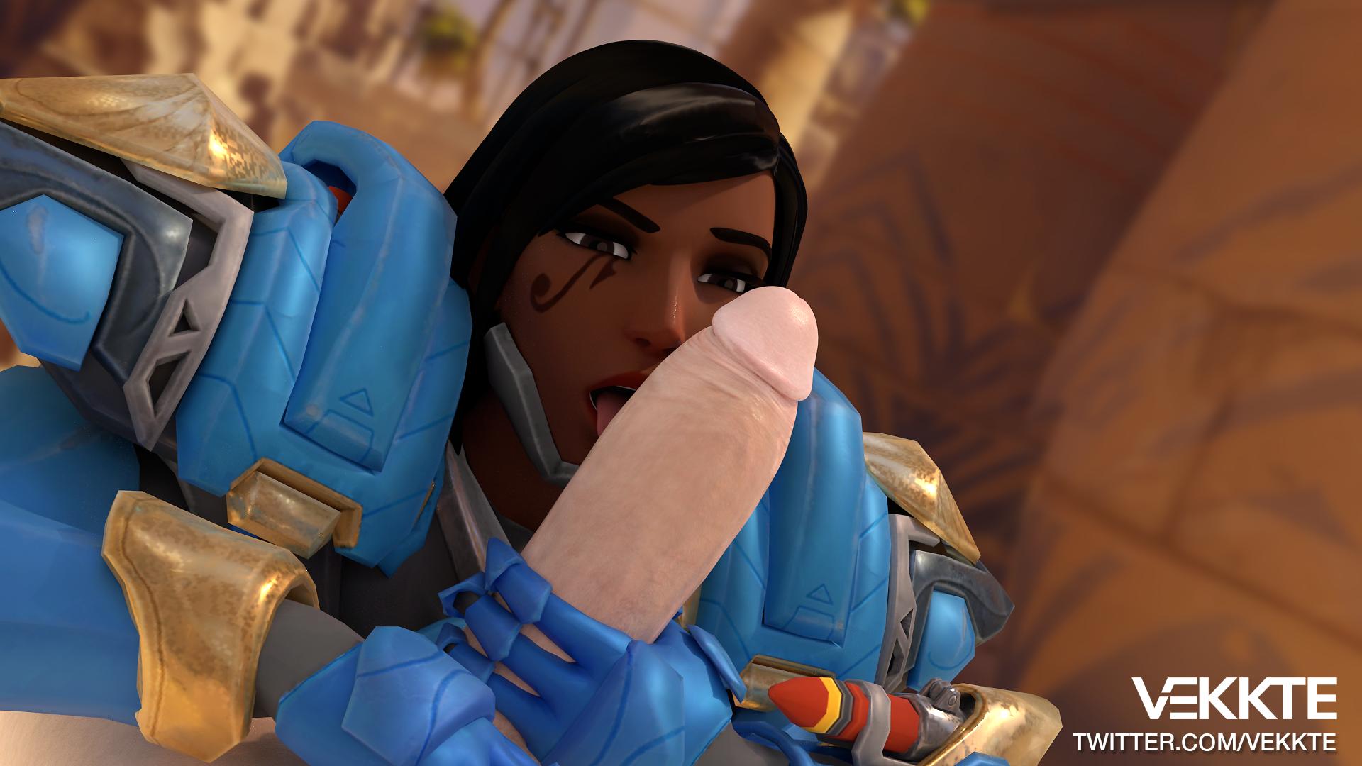 1boy, 1girls, 3d, blender, dark skin, dark-skinned female, egyptian, erection, fellatio, female, interracial, light skin, light-skinned male, male, oral, overwatch, penis, pharah, vekkte