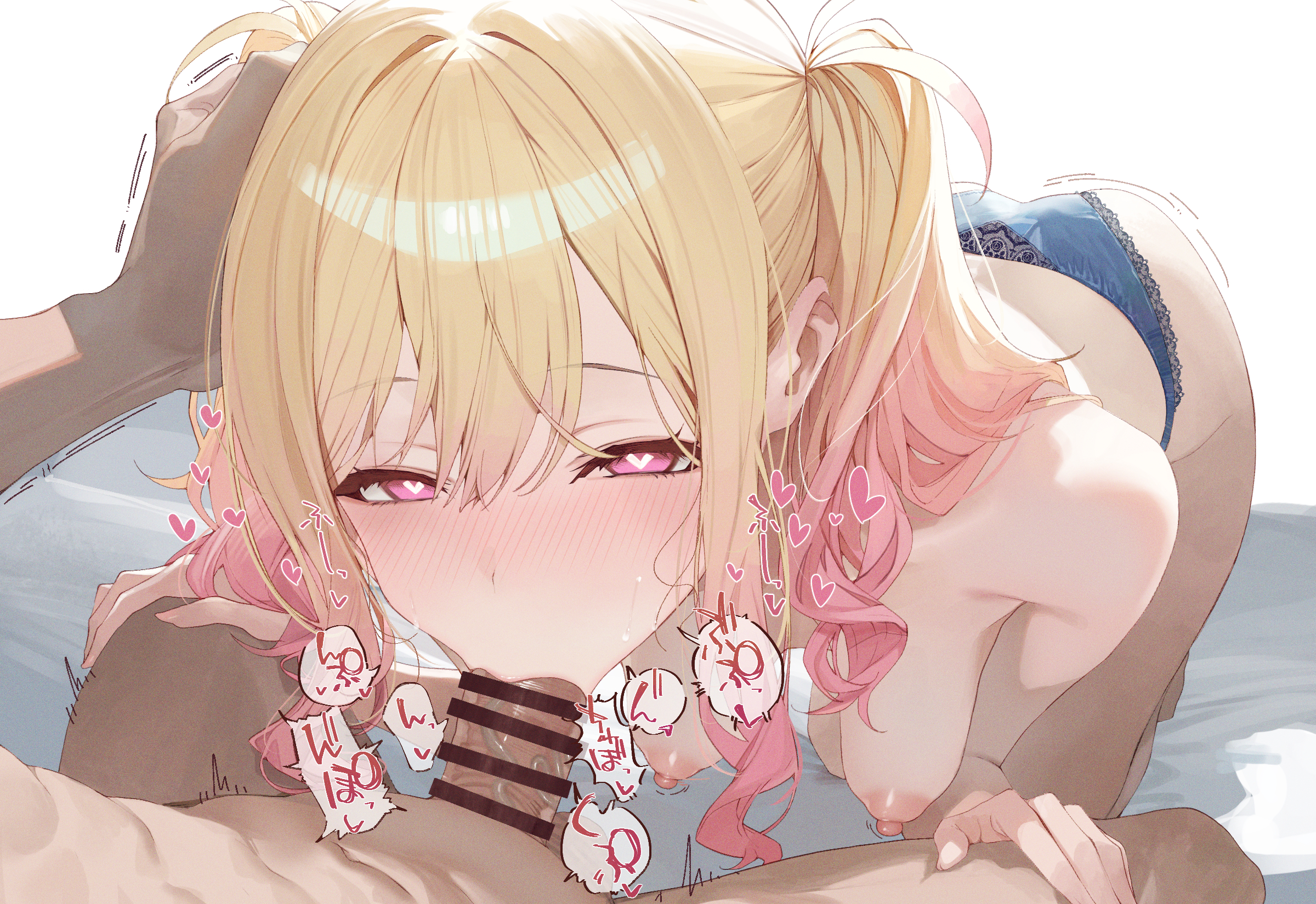 1boy, 1girls, big breasts, blowjob, blush, breasts, fellatio, female, heart-shaped pupils, looking at viewer, male, nipples, oral, panties, penis, project sekai, suujiniku, tenma saki
