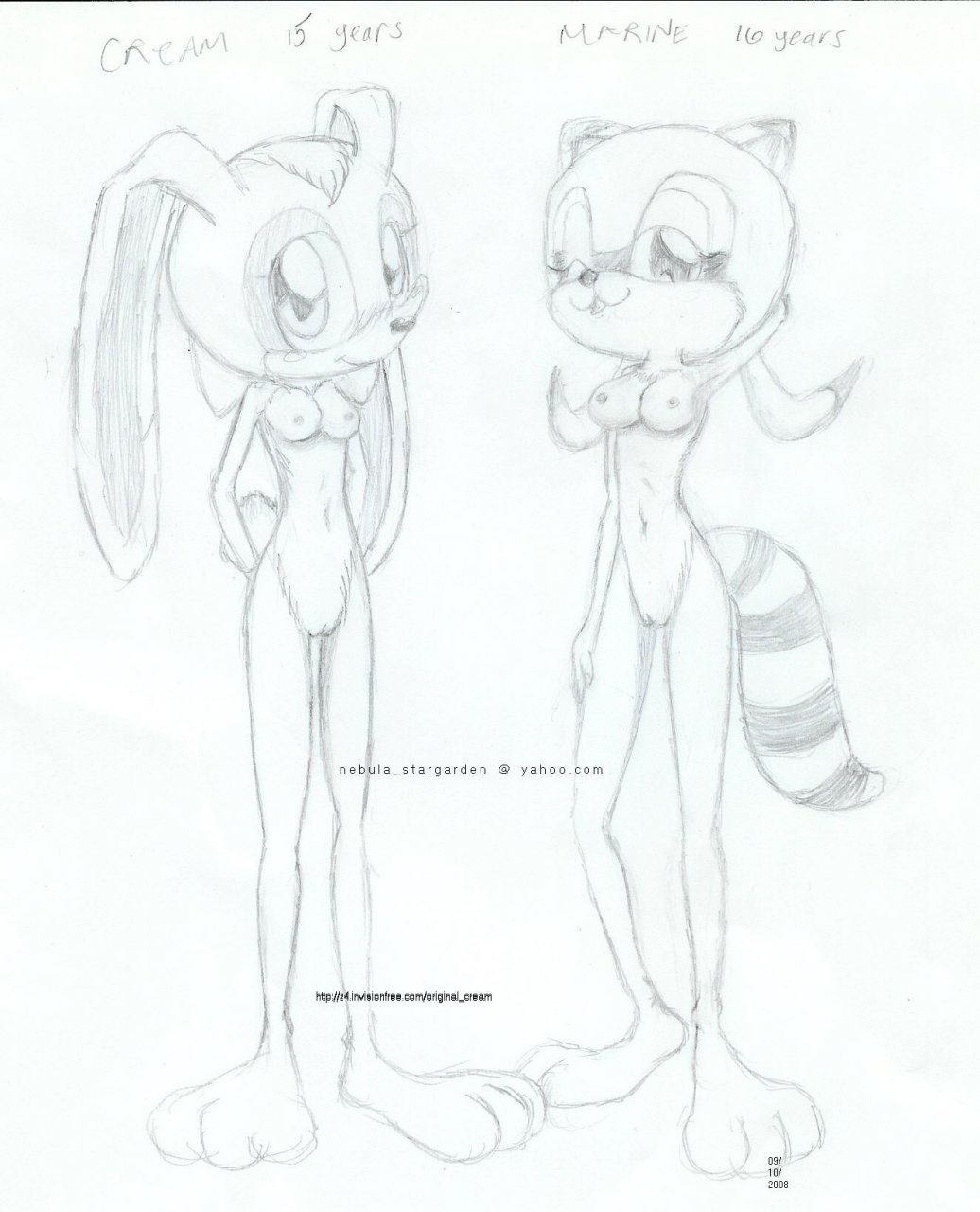 anthro breasts cream_the_rabbit female female_only fur greyscale interspecies mammal marine_the_raccoon multiple_females multiple_girls nebula nude rabbit raccoon sonic_(series) standing straight_hair tagme