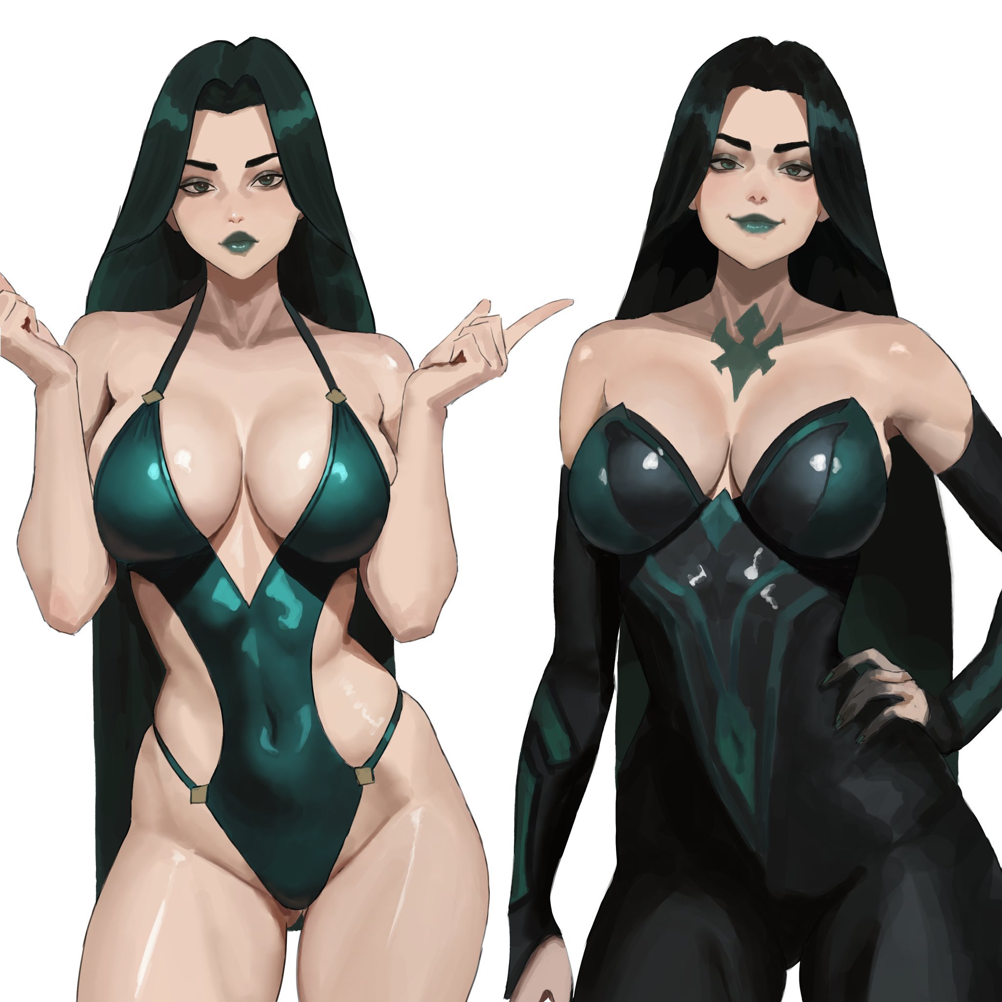 1girls, 2d, 2d (artwork), 2d artwork, absurdly long hair, adult, adult female, akinoshi, almost naked, almost nude, ass visible from the front, ass visible through thighs, background, baddie, bare arms, bare chest, bare hands, bare hips, bare legs, bare shoulders, bare skin, bare thighs, belly, belly button, bewitching thighs, big boobs, big breasts, bikini, black clothes, black dress, black eyebrows, black hair, black outfit, black topwear, black-haired female, blank background, breasts, busty, busty female, busty girl, child bearing hips, cleavage, closed mouth smile, clothed, clothes, clothing cutout, collarbone, color, colored, cowboy shot, dark hair, digital, digital art, digital drawing, digital drawing (artwork), digital media, digital media (artwork), drawing, dress, elbows, exposed, exposed arms, exposed chest, exposed hips, exposed legs, exposed shoulders, exposed skin, exposed thighs, eye-level view, eyebrows, eyes, facing viewer, feet out of frame, female, female focus, female only, fertile, fertile hips, fingernails, fingers, fit female, foot out of frame, from front, front view, fully clothed, glistening belly, glistening boobs, glistening breasts, glistening hair, glistening legs, glistening shoulders, glistening skin, glistening thighs, glossy breasts, glossy hair, goddess, green bikini, green eyes, green hair, green lips, green lipstick, green one-piece swimsuit, green swimsuit, green swimwear, green-eyed female, green-haired female, groin, hair, hela, hela (marvel rivals), hip dips, hips, hourglass figure, inframammary fold, inguinal crease, inguinal ligament, knees out of frame, large boobs, large breasts, lascivious, lean figure, leg out of frame, legs out of frame, linea alba, lip gloss, lips, lipstick, long hair, looking at viewer, marvel, marvel rivals, mature, mature female, mature woman, midriff, monotone background, mostly nude, naked, naked female, naked woman, narrow waist, navel, nearly nude, nude, nude female, nudity, one color background, one-piece swimsuit, outfit, parted bangs, plain background, portrait, posing, posing for the viewer, posing naked, posing nude, practically nude, sexy female, shiny belly, shiny breasts, shiny hair, shiny legs, shiny shoulders, shiny skin, shiny thighs, shoulders, side cutout, skindentation, slender body, slender waist, slim female, slim waist, smile, smiley face, smiling, smiling at viewer, solid color background, solo, standing, stomach, swimsuit, swimwear, thick thighs, thigh gap, thighs, thighs out of frame, tight clothes, tight dress, tight outfit, tight topwear, toned, toned belly, toned body, toned female, top view, topwear, upper body, very long hair, very long hair female, white background, wide hips, woman