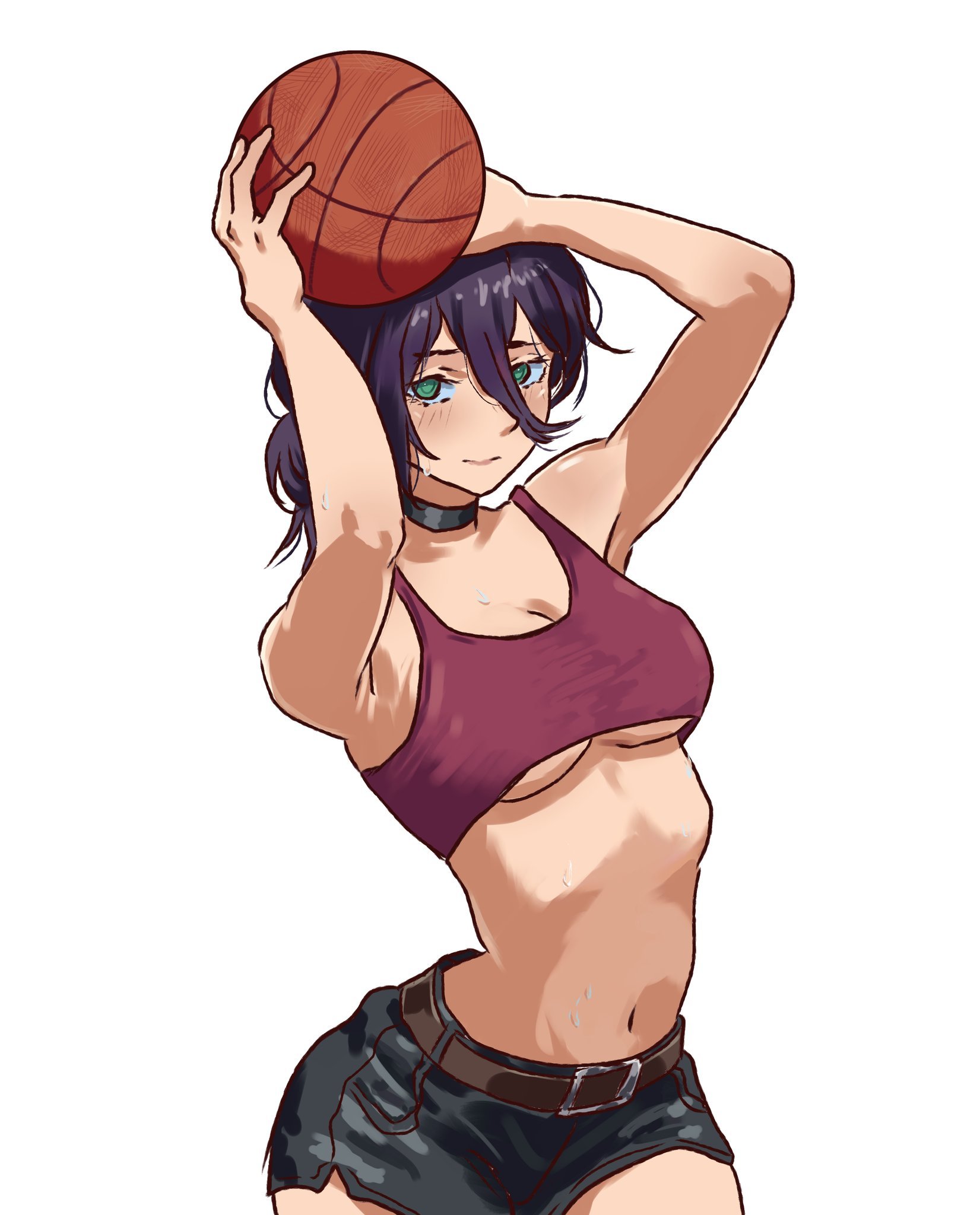 1girls, 2d, 2d (artwork), 2d artwork, alternate body type, alternate breast size, alternate breast size (larger), alternative breast size, anime, anime character, anime girl, arm above head, arm up, armpit, armpit crease, armpit focus, armpit peek, armpits, arms above head, arms up, background, bare armpits, bare arms, bare belly, bare chest, bare hands, bare midriff, bare navel, bare shoulders, bare skin, basketball (ball), belly, belly button, black bottomwear, black choker, black hair, black shorts, black-haired female, blank background, bottomwear, bra, breasts, chainsaw man, choker, cleavage, closed mouth smile, collarbone, color, colored, curvaceous, curvaceous body, curvaceous female, curvaceous figure, curvaceous hips, curvaceous teenager, curvy, curvy body, curvy female, curvy figure, curvy hips, curvy teen, digital, digital art, digital drawing, digital drawing (artwork), digital media, digital media (artwork), drawing, elbows, european, european female, european girl, exposed armpits, exposed arms, exposed belly, exposed chest, exposed midriff, exposed navel, exposed shoulders, exposed skin, eye-level view, eyes, facing viewer, fanart, female, female focus, female only, fingers, from front, front view, green eyes, green-eyed female, hair between eyes, hairless armpits, hand above head, hand up, hands above head, hands up, hips, inaccurate proportions, incorrect body type, inframammary fold, knees out of frame, lean figure, leg out of frame, legs out of frame, light smile, looking at viewer, manga character, mappa, medium breasts, midriff, monotone background, narrow waist, navel, nervous, nervous expression, nervous face, nervous female, nervous smile, one color background, petite, petite body, petite breasts, petite female, petite girl, petite tits, plain background, pluvion, portrait, posing, posing for the viewer, presenting armpit, red bra, red underwear, reze (chainsaw man), russian, russian female, russian girl, shaved armpits, shonen jump, shorts, shoulders, shueisha, shy, shy expression, shy female, shy girl, shy smile, slender body, slender waist, slight smile, slim female, slim waist, smile, smiley face, smiling, smiling at viewer, solid color background, solo, standing, thighs, thighs out of frame, three quarter view, three-quarter view, top view, underboob, underwear, upper body, voluptuous, voluptuous body, voluptuous female, voluptuous figure, voluptuous teenager, voluptuous woman, weekly shonen jump, white background, wide hips