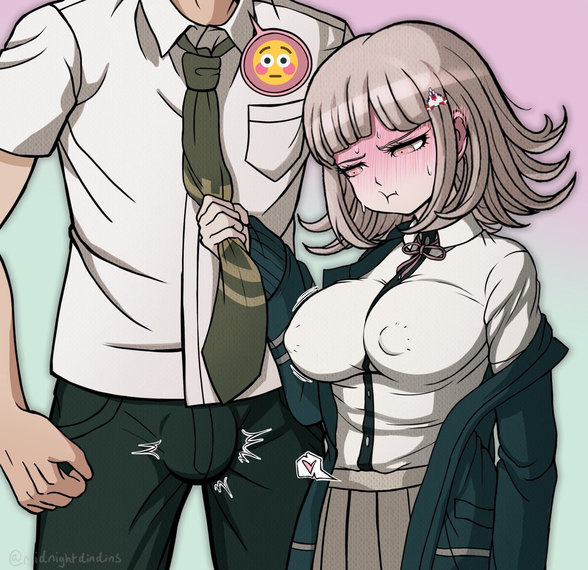 1boy, 1girls, blush, bulge, clothed, danganronpa, danganronpa 2: goodbye despair, erection, female, hinata hajime, horny, male, middinos, midnightdindins, nanami chiaki, nipple bulge