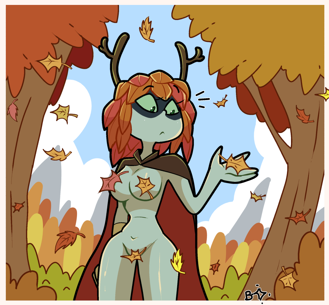 1girls, adventure time, adventure time: fionna & cake, antlers, autumn, autumn leaves, blightstar, cape, cape only, casual, convenient censoring, cowboy shot, eyemask, falling leaves, female, female only, forest, forest background, functionally nude, huntress wizard, leaf censor, leaf hair, nonsexual, nonsexual nudity, orange hair, outdoors, outerwear, pale skin, solo, standing, tagme, wooden horns