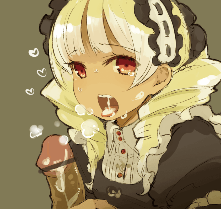 blonde_hair censored cum cum_in_mouth dark_skin drill_hair facial female headdress heart looking_at_viewer maid mota open_mouth original penis pointless_censoring red_eyes rough tear tongue