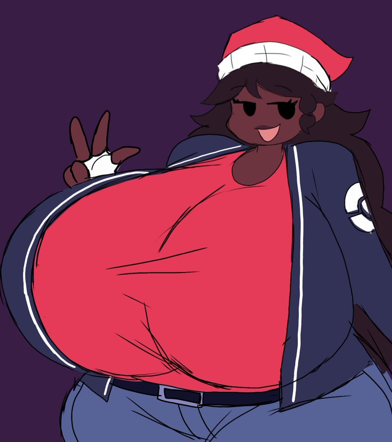 belt buckle, big breasts, black eyes, brown hair, brown lips, brown lipstick, christmas hat, cyan jacket, dark-skinned female, friday night funkin, friday night funkin mod, fully clothed, giant breasts, gigantic breasts, girlfriend (friday night funkin), girlfriend (mods), happy, huge breasts, jacket open, jeans, looking at viewer, medium thighs, momiji (artist), peace sign, purple background, red shirt, simple background, smiling