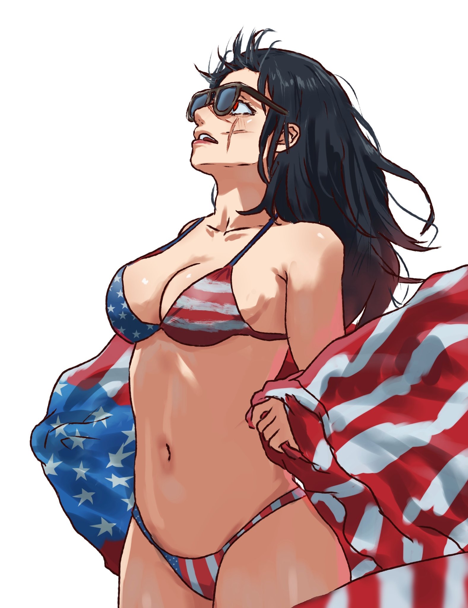 ///, 1girls, 2d, 2d (artwork), 2d artwork, almost naked, almost nude, alternate personality, american flag, american flag bikini, american flag bikini bottom, american flag bikini top, american flag print, anime, anime character, anime girl, background, baddie, bare armpits, bare arms, bare belly, bare chest, bare hands, bare hips, bare legs, bare midriff, bare navel, bare shoulders, bare skin, bare thighs, belly, belly button, bewitching thighs, big boobs, big breasts, bikini, bikini bottom, bikini only, bikini top, black hair, black-haired female, blank background, blue bikini, blue bikini bottom, blue swimsuit, blue swimwear, blush face, blush lines, blushing, blushing female, blushing lines, breasts, busty, busty female, busty girl, busty teen, busty teenager, chainsaw man, cheek scar, child bearing hips, cleavage, collarbone, color, colored, cowboy shot, cross scar, curvaceous, curvaceous body, curvaceous female, curvaceous figure, curvaceous hips, curvaceous teenager, curvy, curvy body, curvy female, curvy figure, curvy hips, curvy teen, dark hair, devil, digital, digital art, digital drawing, digital drawing (artwork), digital media, digital media (artwork), drawing, exposed, exposed armpits, exposed arms, exposed belly, exposed chest, exposed hips, exposed legs, exposed midriff, exposed navel, exposed shoulders, exposed skin, exposed thighs, eyes, face scar, facial scar, facial scars, fanart, female, female focus, female only, fertile, fertile hips, fingers, flag, flushed, flushed cheeks, flushed face, from front, front view, glistening boobs, glistening breasts, glistening hair, glistening legs, glistening shoulders, glistening skin, glistening thighs, glossy breasts, glossy hair, groin, hair, halterneck, hips, hourglass figure, inframammary fold, inguinal crease, inguinal ligament, knees out of frame, large boobs, large breasts, lascivious, lean figure, leg out of frame, legs closed, legs out of frame, legs together, long hair, looking up, looking up at viewer, manga character, mappa, midriff, monotone background, mostly nude, multiple scars, naked, naked female, naked woman, narrow waist, navel, nearly nude, nose scar, nude, nude female, nudity, one color background, open mouth, parted lips, plain background, pluvion, portrait, posing, posing for the viewer, posing naked, posing nude, practically nude, red bikini, red bikini bottom, red bikini top, red eyes, red swimsuit, red swimwear, red-eyed female, ring eyes, ringed eyes, scar across face, scar across nose, scar on cheek, scar on face, scar on nose, scarred, scarred face, scars, scars on face, sexy female, shiny breasts, shiny hair, shiny legs, shiny shoulders, shiny skin, shiny thighs, shonen jump, shoulders, shueisha, sideboob, skindentation, slender body, slender waist, slim female, slim waist, solid color background, solo, standing, string bikini, striped bikini, striped bikini bottom, striped bikini top, striped swimsuit, swimsuit, swimwear, teen girl, teenage female, teenage girl, teenage tits, teenager, teeth, teeth visible, thick thighs, thighs, thighs out of frame, thighs together, three quarter view, three-quarter view, tongue, top view, upper body, upper teeth, us flag, voluptuous, voluptuous body, voluptuous female, voluptuous figure, voluptuous teenager, voluptuous woman, weekly shonen jump, white background, white bikini, white bikini bottom, white bikini top, white swimsuit, wide hips, yoru (chainsaw man), young female, young woman