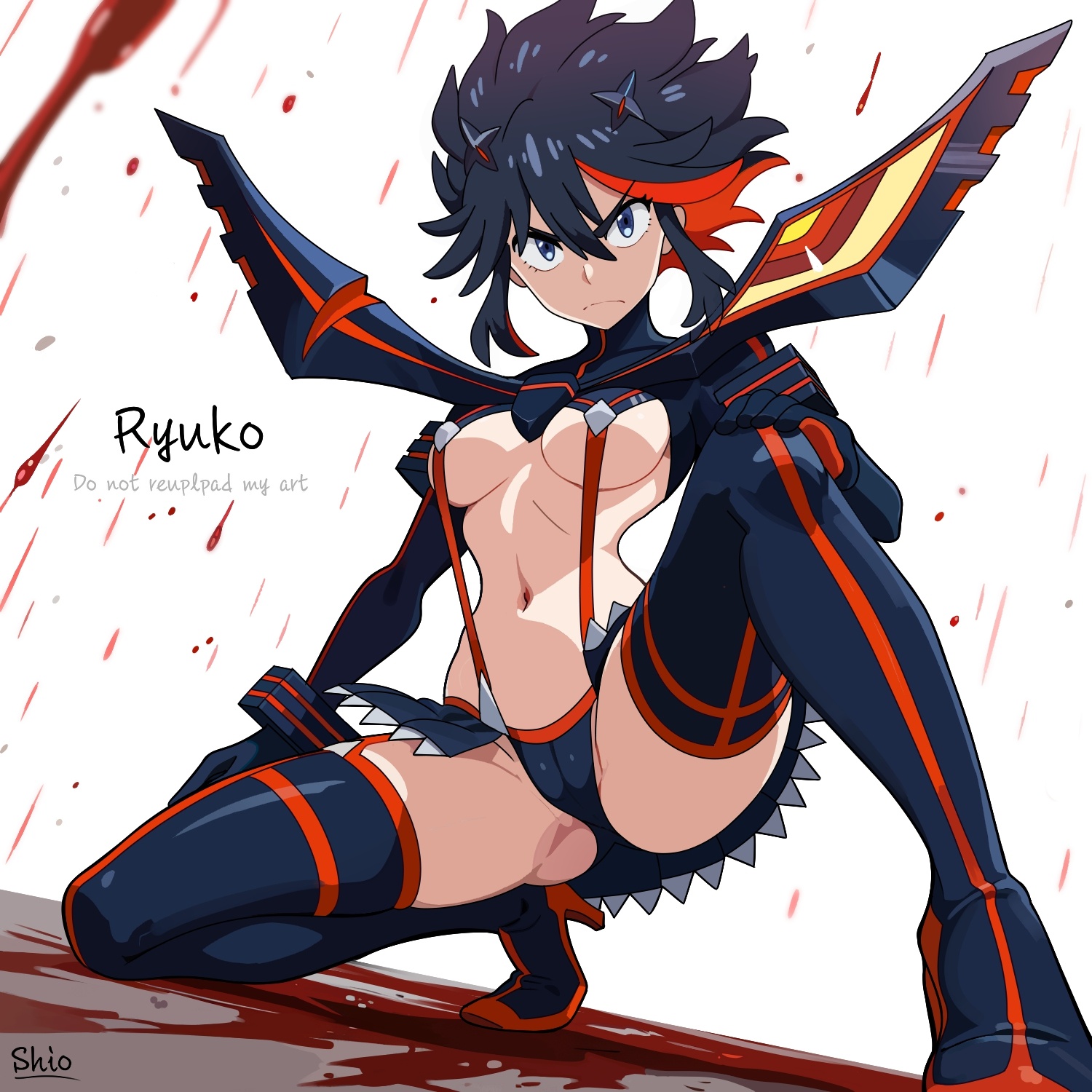 1:1, 1:1 aspect ratio, 1girls, 2d, 2d (artwork), 2d artwork, accessory, anime, anime character, anime girl, arm gloves, armwear, asian, asian female, asian girl, asian woman, background, bare belly, bare midriff, bare navel, bare skin, barely visible pussy, belly, belly button, below view, big boobs, big breasts, black arm gloves, black armwear, black bottomwear, black gloves, black hair, black handwear, black legwear, black long gloves, black miniskirt, black skirt, black stockings, black thigh highs, black thighhighs, black-haired female, blank background, blood, blue eyes, blue-eyed female, bottomless skirt, bottomwear, breasts, busty, busty female, busty girl, busty teen, busty teenager, calves, camel toe, cameltoe, cleft of venus, color, colored, colored hair, colored inner hair, curvaceous, curvaceous body, curvaceous female, curvaceous figure, curvaceous hips, curvaceous teenager, curvy, curvy body, curvy female, curvy figure, curvy hips, curvy teen, digital, digital art, digital drawing, digital drawing (artwork), digital media, digital media (artwork), down angle, down view, drawing, exposed, exposed belly, exposed midriff, exposed navel, exposed skin, eyes, fanart, female, female focus, female only, female protagonist, fingers, footwear, from below, from below view, from bottom to top, frown, frown eyebrows, frowning, frowning at viewer, full body, full body view, gloves, groin, groin tendon, hair accessory, hair between eyes, hair ornament, hair ornaments, half naked, half nude, hand on knee, hand on leg, hand on own knee, hand on own leg, handwear, heels, high heels, high school student, hips, hourglass figure, inframammary fold, inguinal crease, inguinal ligament, inner thighs, innie pussy, japanese, japanese female, japanese girl, japanese woman, kill la kill, kneeling, kneeling female, kneeling on floor, kneeling on ground, knees, large boobs, large breasts, lean figure, legs, legs apart, legs spread, legwear, living clothes, living clothing, long gloves, looking at viewer, looking down, looking down at viewer, low angle, low angle view, low-angle shot, low-angle view, main character, manga character, matoi ryuuko, midriff, miniskirt, monotone background, multicolored hair, naked, naked female, naked woman, narrow waist, navel, nude, nude female, nudity, one color background, open legs, partially exposed vulva, partially naked, partially naked female, partially nude, partially nude female, partially undressed, partially visible vulva, plaid miniskirt, plain background, plump pussy, plump vulva, posing, posing for the viewer, posing naked, posing nude, protagonist, pussy, pussy lips, red footwear, red hair, red heels, red high heels, red shoes, red-haired female, redhead, redhead female, school girl, scowl, semi nude, senketsu, sentient clothing, shiosatou999, shoes, short hair, shoulders, skirt, slender body, slender waist, slim female, slim waist, slit, solid color background, solo, split-color hair, spread legs, spreading, spreading legs, spreading thighs, stockings, studio trigger, teen girl, teenage female, teenage girl, teenage tits, teenager, thigh highs, thighhighs, thighs, top down view, touching knee, touching leg, two tone hair, two-tone hair, under view, underboob, upskirt view, upward angle, v-shaped eyebrows, voluptuous, voluptuous body, voluptuous female, voluptuous figure, voluptuous teenager, voluptuous woman, vulva, vulva line, white background, wide hips, worm's-eye view, worms-eye view, young female, young woman