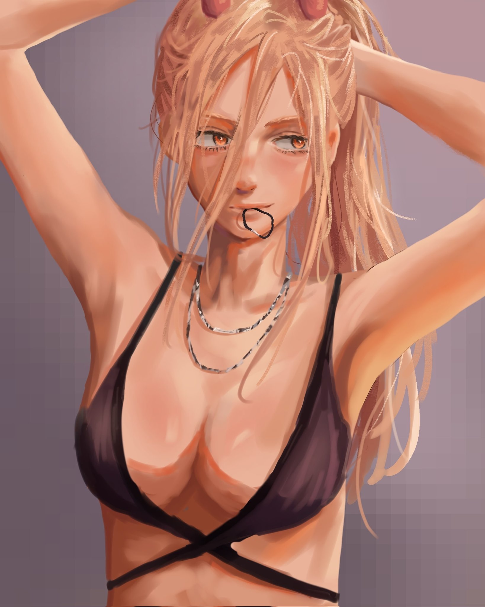 1girls, 2d, 2d (artwork), 2d artwork, adjusting hair, adult, adult female, almost naked, almost nude, anime, anime character, anime girl, arm behind head, armpit, armpit crease, armpit focus, armpit peek, armpits, artistic nude, artistic nudity, background, bare armpits, bare arms, bare belly, bare chest, bare hands, bare midriff, bare shoulders, bare skin, belly, big boobs, big breasts, bikini, bikini only, bikini top, black bikini, black bikini top, black swimsuit, black swimwear, blonde, blonde female, blonde hair, blonde hair female, blonde-haired female, breasts, busty, busty female, busty girl, chainsaw man, cleavage, closed mouth smile, collarbone, color, colored, crosshair pupils, demon, devil, digital, digital art, digital drawing, digital drawing (artwork), digital media, digital media (artwork), drawing, elbows, exposed, exposed armpits, exposed arms, exposed belly, exposed chest, exposed midriff, exposed shoulders, exposed skin, eye-level view, eyes, facing viewer, fanart, female, female focus, female only, female protagonist, from front, front view, grey background, hair between eyes, hairless armpits, halterneck, hand behind head, hand on hair, hand on head, hand on own hair, hand on own head, horn, horns, knees out of frame, large boobs, large breasts, lean figure, leg out of frame, legs out of frame, light smile, long hair, lower body out of frame, main character, manga character, mappa, mature, mature female, mature woman, messy hair, midriff, monotone background, mostly nude, naked, naked female, naked woman, narrow waist, nearly nude, necklace, nude, nude female, nudity, one color background, plain background, pluvion, portrait, power (chainsaw man), practically nude, presenting armpit, protagonist, pussy out of frame, red horn, red horns, shaved armpits, shonen jump, shoulders, shounen protagonist, shueisha, sidelocks, slender body, slender waist, slight smile, slim female, slim waist, smile, smiley face, smiling, solo, standing, string bikini, swimsuit, swimwear, thighs out of frame, top view, touching hair, touching head, tying hair, upper body, weekly shonen jump, woman, yellow eyes, yellow-eyed female