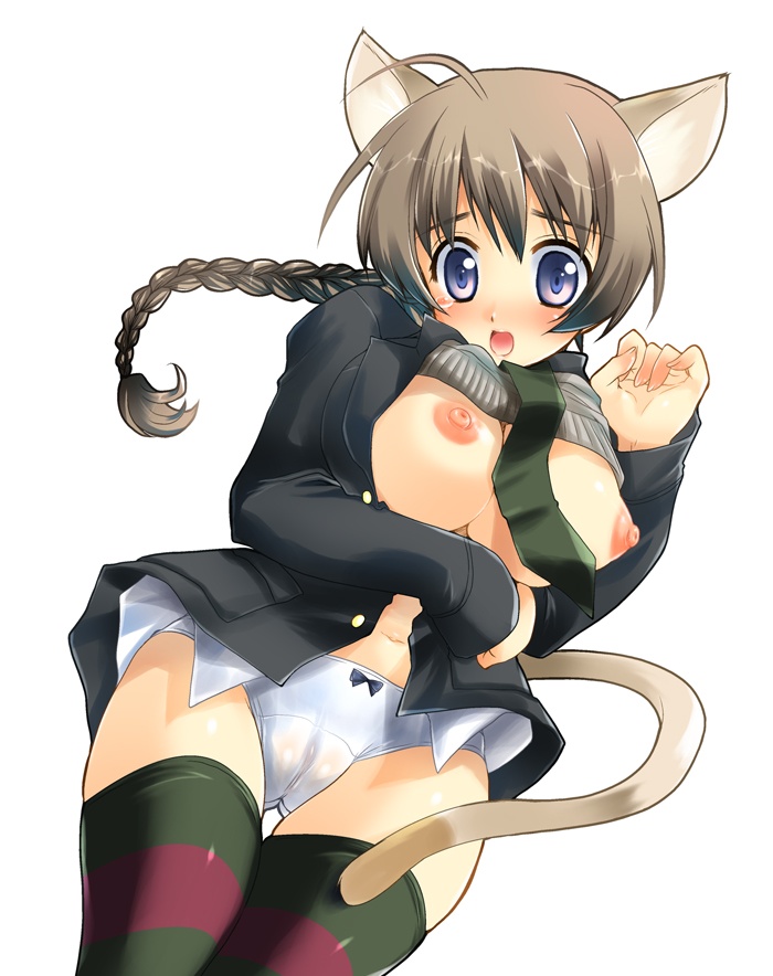 blush braid breasts brown_hair cameltoe clothing kurosawa_kiyotaka large_breasts lynette_bishop nipples panties purple_eyes shirt shirt_lift stockings strike_witches striped striped_legwear striped_thighhighs tail takashi_kiyoshi tear thighhighs underwear