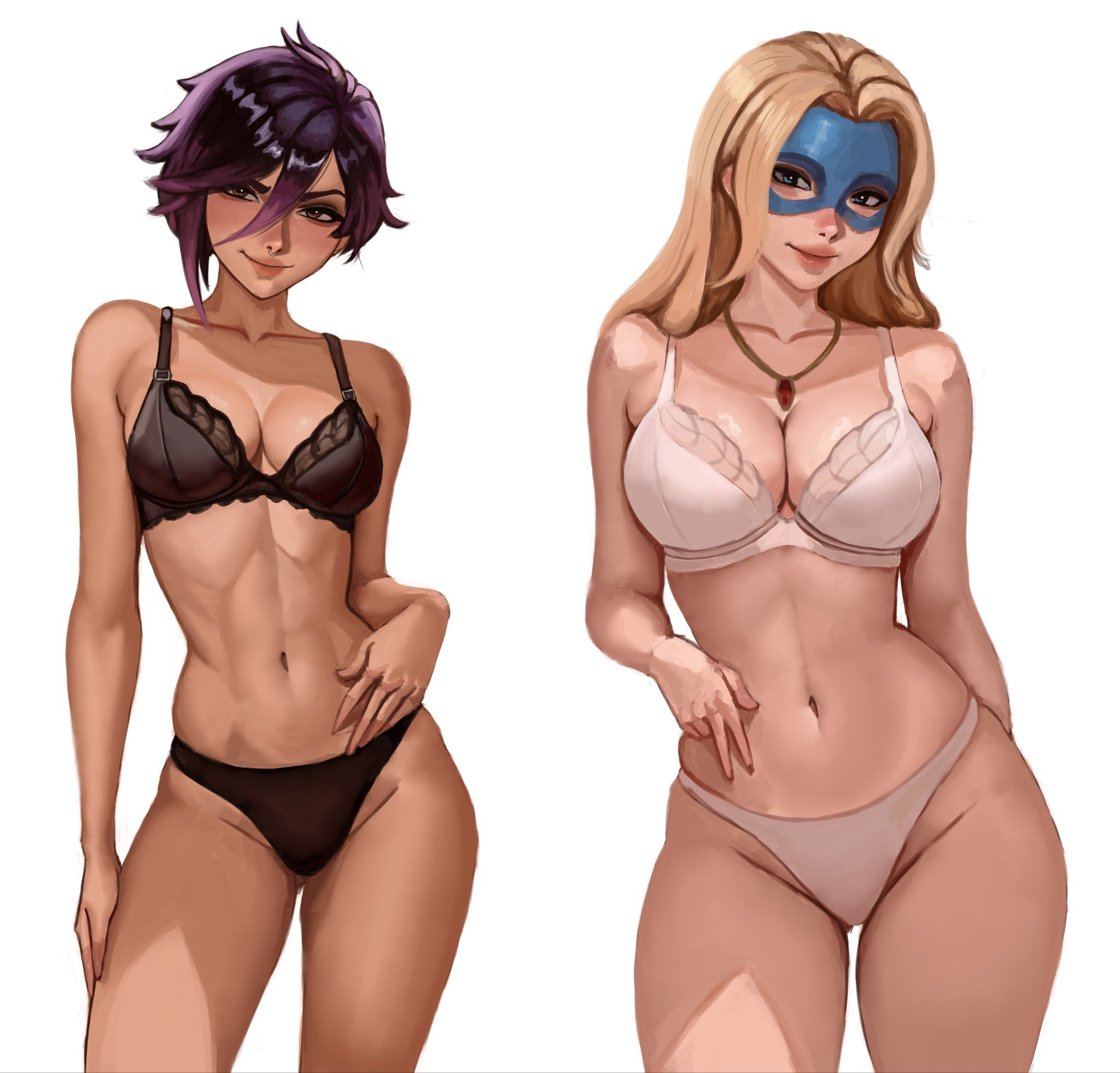 2d, 2d (artwork), 2d artwork, 2girls, adult, adult female, akinoshi, almost naked, almost nude, arm behind back, ass visible from the front, ass visible through thighs, average breasts, background, baddie, belly, belly button, bewitching thighs, big boobs, big breasts, black bottomwear, black bra, black lingerie, black panties, black underwear, blank background, blonde, blonde blazer, blonde female, blonde hair, blonde hair female, blonde-haired female, bottomwear, bra, breasts, brown belly, brown body, brown boobs, brown breasts, brown face, brown female, brown legs, brown lips, brown lipstick, brown skin, brown skinned female, brown-skinned female, busty, busty female, busty girl, child bearing hips, cleavage, closed mouth smile, collarbone, color, colored, cowboy shot, digital, digital art, digital drawing, digital drawing (artwork), digital media, digital media (artwork), dispatch (game), drawing, duo, exposed, eye-level view, eyebrows, eyes, facing viewer, feet out of frame, female, female focus, female only, fertile, fertile hips, fingers, fit female, foot out of frame, from front, front view, game, game character, glistening boobs, glistening breasts, glistening hair, glistening skin, glossy breasts, glossy hair, groin, hair, hair between eyes, hand behind back, hand on belly, hand on leg, hand on own belly, hand on own leg, hand on own stomach, hand on own thigh, hand on stomach, hand on thigh, head tilt, hip dips, hips, hourglass figure, inguinal crease, inguinal ligament, invisigal, knees out of frame, large boobs, large breasts, lascivious, lean figure, leg out of frame, legs out of frame, light smile, linea alba, lingerie, lingerie bra, lingerie only, lingerie panties, lip gloss, lips, lipstick, long hair, looking at viewer, mask, matching underwear, mature, mature female, mature woman, medium breasts, midriff, monotone background, mostly nude, multiple females, multiple girls, naked, naked female, naked woman, narrow waist, navel, nearly nude, necklace, nude, nude female, nudity, one color background, panties, peace sign, petite, petite body, petite breasts, petite female, petite girl, petite tits, pink lips, pink lipstick, plain background, posing, posing for the viewer, posing naked, posing nude, practically nude, purple hair, purple-haired female, sexy female, shiny breasts, shiny hair, shiny skin, short hair, shoulders, sign, skindentation, slender body, slender waist, slight smile, slim female, slim waist, smile, smiley face, smiling, smiling at viewer, smug, smug expression, smug eyes, smug face, smug grin, smug smile, solid color background, standing, stomach, superhero, superheroine, take your pick, thick thighs, thigh gap, thighs, thighs out of frame, tilted head, toned, toned belly, toned body, toned female, top view, touching belly, touching leg, touching stomach, touching thigh, underwear, underwear only, upper body, v, v sign, video game, video game character, video game franchise, white background, white bottomwear, white bra, white lingerie, white panties, white underwear, wide hips, woman, yellow hair, yellow-haired female