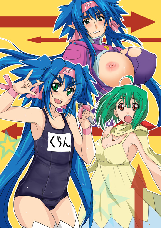 \\m/ \m/ blue_hair blush bodysuit breasts clothing dress flat_chest green_eyes green_hair headband huge_breasts klan_klein large_breasts long_hair macross macross_frontier manabu_aoi microphone one-piece_swimsuit parody pointy_ears ranka_lee red_eyes school_swimsuit seikan_hikou short_hair swimsuit tied_hair torn_clothes twintails very_long_hair