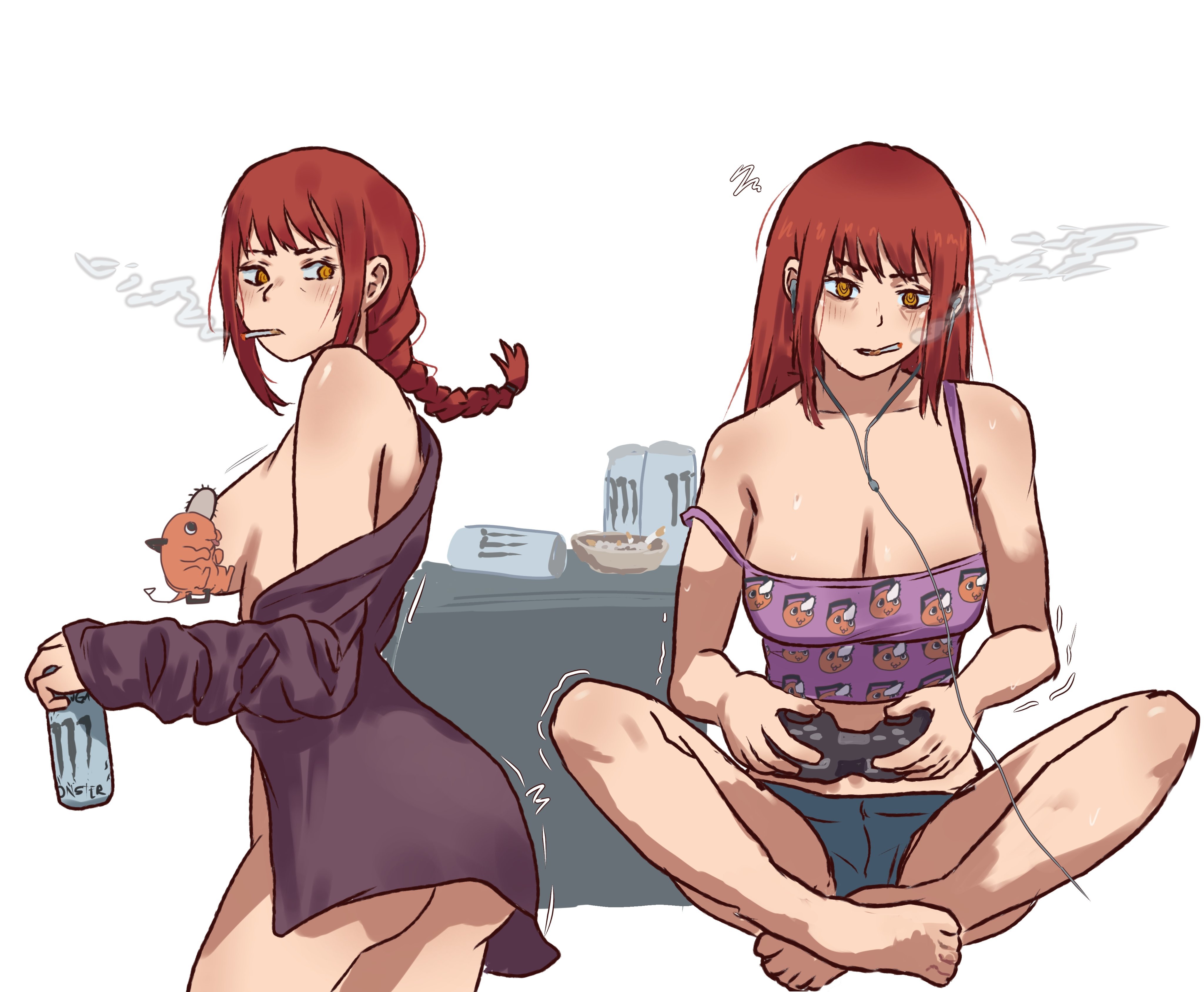 1girls, 2d, 2d (artwork), 2d artwork, adult, adult female, alternate angle, alternate personality, alternate view, anime, anime character, anime girl, antagonist, ass, ass cleavage, ass crack, backboob, background, beer, belly, belly button, big boobs, big breasts, blank background, blue bottomwear, blue shorts, bottomwear, braid, braided hair, braided ponytail, braids, breasts, busty, busty female, busty girl, butt, butterfly sitting, calves, censored, censored breasts, censored nipples, chainsaw man, cigarette, cigarette in mouth, cigarette smoke, cleavage, clothes, clothes open, collarbone, color, colored, crossed legs, crossed legs (sitting), different angle, digital, digital art, digital drawing, digital drawing (artwork), digital media, digital media (artwork), drawing, elbows, emoji censor, eye-level view, eyebrows visible through hair, eyes, facing viewer, fanart, feet, female, female focus, female only, fingers, from front, from side, front view, full body, full body view, gamer girl, gaming, glistening boobs, glistening breasts, glistening shoulders, glistening skin, glossy breasts, groin, indian, knees, landscape, large boobs, large breasts, lean figure, legs, legs crossed, long hair, looking at viewer, looking back, looking back at viewer, looking down, looking down at viewer, makima (chainsaw man), manga character, mappa, mature, mature female, mature woman, midriff, monotone background, monster (beverage), multiple views, narrow waist, navel, one color background, personality change, personality switch, pink tank top, pink topwear, plain background, pluvion, ponytail, purple clothes, purple shirt, purple topwear, quiver, red hair, red-haired female, redhead, redhead female, ring eyes, ringed eyes, shiny breasts, shiny shoulders, shiny skin, shirt, shirt open, shonen jump, shorts, shoulders, shueisha, side view, single braid, sitting, sitting on ass, sitting on floor, sitting on ground, slender body, slender waist, slim female, slim waist, smoking, smoking cigarette, solid color background, solo, spasms, style, tank top, thick ass, thick butt, thighs, three quarter view, three-quarter view, tied hair, toes, top view, topwear, tremble lines, trembling, trembling legs, trembling lines, twitch lines, twitching, villain, villainess, weekly shonen jump, white background, wide hips, woman, yellow eyes, yellow-eyed female