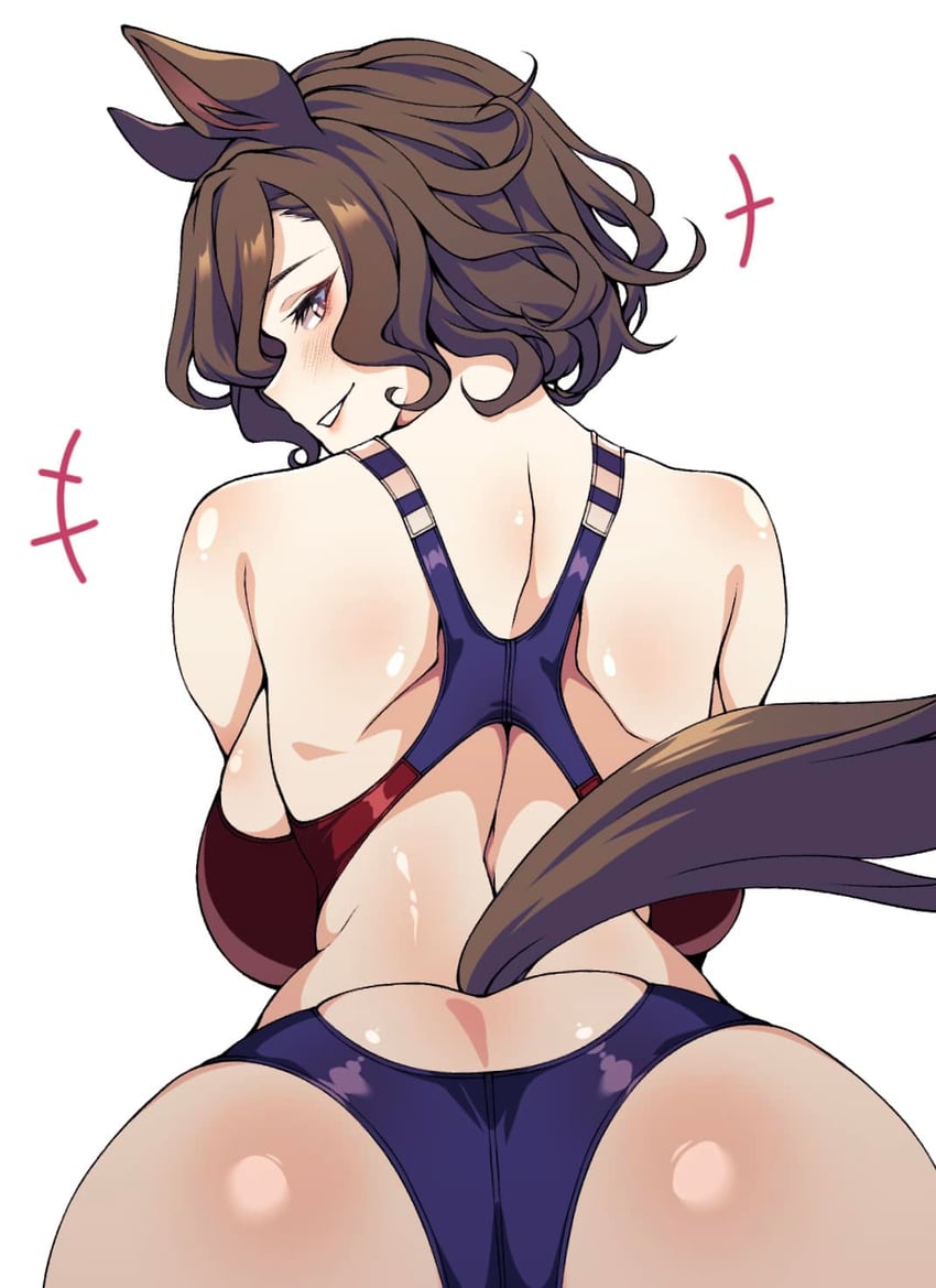 animal ears, blush, brown hair, cero rains, curly hair, female, horse ears, horse girl, horse tail, large ass, large breasts, looking back, one-piece swimsuit, short hair, smile, swimsuit, tail, tap dance city (umamusume), umamusume, umamusume pretty derby
