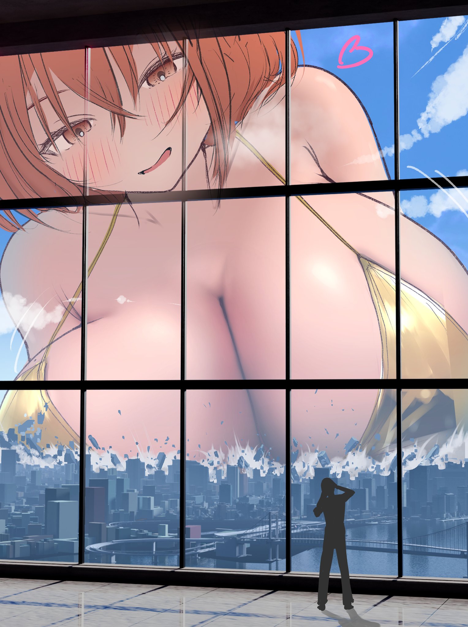 bikini, blush, breast crush, breast press, breasts bigger than city, breasts bigger than head, cleavage, crushing, destroyed building, destroyed city, destruction, giantess, golden bikini, huge breasts, iori komatsu, large breasts, macro, macro female, orange eyes, orange hair
