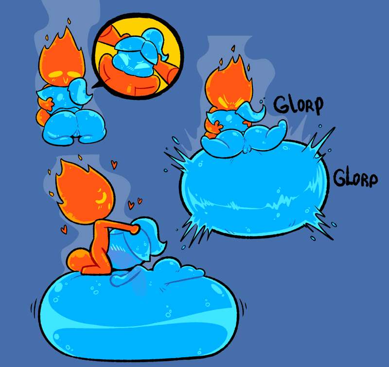 cum in mouth, cumflation, excessive cum, fire creature, fireboy, fireboy and watergirl, hyper cumflation, inflation, oral, patreon exclusive, tagme, water creature, watergirl, yopy