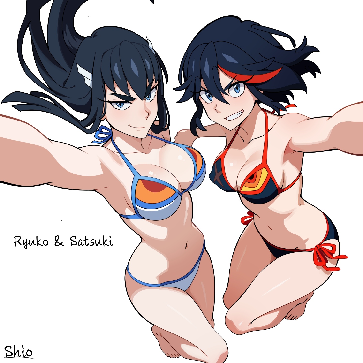 1:1, 1:1 aspect ratio, 2d, 2d (artwork), 2d artwork, 2girls, accessory, almost naked, almost nude, anime, anime character, anime girl, arm above head, arm up, armpit, armpit crease, armpit focus, armpit peek, armpits, asian, asian female, asian girl, asian woman, back-tie bikini, back-tie swimwear, background, baddie, bare armpits, bare arms, bare belly, bare calves, bare chest, bare hands, bare hips, bare knees, bare legs, bare midriff, bare navel, bare shoulders, bare skin, bare thighs, bare toes, barefoot, belly, belly button, bewitching thighs, big boobs, big breasts, big sister, bikini, bikini bottom, bikini only, bikini top, black bikini, black bikini bottom, black bikini top, black hair, black swimsuit, black swimwear, black-haired female, blank background, blood related, blue eyes, blue-eyed female, breasts, busty, busty female, busty girl, busty teen, busty teenager, calves, child bearing hips, cleavage, closed mouth smile, collarbone, color, colored, colored hair, confident, confident expression, confident female, confident pose, confident smile, confident stare, confidently naked, confidently nude, curvaceous, curvaceous body, curvaceous female, curvaceous figure, curvaceous hips, curvaceous teenager, curvy, curvy body, curvy female, curvy figure, curvy hips, curvy teen, digital, digital art, digital drawing, digital drawing (artwork), digital media, digital media (artwork), drawing, duo, elbows, exposed, exposed armpits, exposed arms, exposed belly, exposed chest, exposed hips, exposed legs, exposed midriff, exposed navel, exposed shoulders, exposed skin, exposed thighs, exposed toes, eyebrows visible through hair, eyes, fanart, feet, female, female focus, female only, female protagonist, fertile, fertile hips, full body, glistening boobs, glistening breasts, glistening hair, glistening legs, glistening skin, glistening thighs, glossy breasts, glossy hair, grin, grinning, grinning at viewer, groin, hair accessory, hair between eyes, hair ornament, hair ornaments, hairless armpits, halterneck, hand above head, hand up, head tilt, high school student, hip dips, hips, hourglass figure, inguinal crease, inguinal ligament, japanese, japanese female, japanese girl, japanese woman, kill la kill, kiryuuin satsuki, knees, knees together, knees together feet apart, large boobs, large breasts, lascivious, lean figure, legs, legs closed, legs together, legs together feet apart, little sister, living clothes, living clothing, long hair, looking at viewer, looking up, looking up at viewer, main character, manga character, matoi ryuuko, midriff, monotone background, mostly nude, multicolored hair, multiple females, multiple girls, naked, naked female, naked woman, narrow waist, navel, nearly nude, nipple bulge, nude, nude female, nudity, older sister, one color background, plain background, posing, posing for the viewer, posing naked, posing nude, practically nude, presenting armpit, protagonist, red hair, red-haired female, redhead, redhead female, school girl, school girls, schoolgirl, senketsu, sentient clothing, sexy female, shaved armpits, shiny breasts, shiny hair, shiny legs, shiny shoulders, shiny skin, shiny thighs, shiosatou999, short hair, shoulders, siblings, side-tie bikini, sister and sister, sisters, slender body, slender waist, slim female, slim waist, smile, smiley face, smiling, smiling at viewer, solid color background, split-color hair, standing, string bikini, studio trigger, swimsuit, swimwear, teen girl, teenage female, teenage girl, teenage girls, teenage nipples, teenage tits, teenager, thighs, thighs together, tilted head, toes, two tone hair, voluptuous, voluptuous body, voluptuous female, voluptuous figure, voluptuous teenager, voluptuous woman, white background, white bikini, white bikini bottom, white bikini top, white swimsuit, white swimwear, wide hips, young female, young woman, younger sister