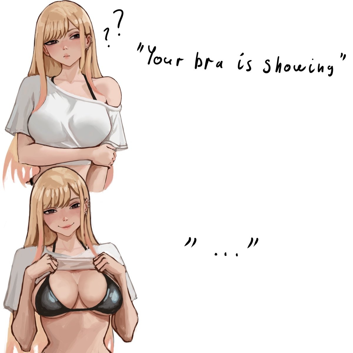 ??, 1:1, 1:1 aspect ratio, 1girls, 2d, 2d (artwork), 2d artwork, akinoshi, asian, asian female, asian girl, asian woman, background, bare arms, bare belly, bare hands, bare midriff, bare shoulders, bare skin, belly, big boobs, big breasts, bikini, bikini top, bikini under clothes, black bikini, black bikini top, black swimsuit, black swimwear, blank background, blonde, blonde female, blonde hair, blonde hair female, blonde-haired female, breasts, busty, busty female, busty girl, busty teen, busty teenager, cleavage, closed mouth smile, clothes, clothes aside, clothes lift, clothes pull, clothes up, collarbone, color, colored, digital, digital art, digital drawing, digital drawing (artwork), digital media, digital media (artwork), drawing, elbows, exposed arms, exposed belly, exposed midriff, exposed shoulders, exposed skin, exposing, exposing breasts, exposing chest, exposing self, eye-level view, eyes, facing viewer, female, female focus, female only, female protagonist, fingers, flashing, from front, front view, gyaru, halterneck, hand on arm, hand on own arm, head tilt, high school student, japanese, japanese female, japanese girl, japanese woman, kitagawa marin, knees out of frame, large boobs, large breasts, lean figure, leg out of frame, legs out of frame, lip gloss, lips, lipstick, long hair, looking at viewer, lower body out of frame, midriff, monotone background, narrow waist, one color background, pink lips, pink lipstick, plain background, presenting breasts, red eyes, red-eyed female, revealing breasts, school girl, shirt, shirt aside, shirt lift, shirt pull, shirt up, shoulders, showing breasts, showing chest, slender body, slender waist, slim female, slim waist, smile, smiling, smiling at viewer, solid color background, solo, sono bisque doll wa koi wo suru, standing, string bikini, swimsuit, swimwear, teen girl, teenage female, teenage girl, teenage tits, teenager, thighs out of frame, tilted head, top view, topwear, topwear aside, topwear lift, topwear pull, topwear up, touching arm, undressing, undressing self, upper body, white background, white clothes, white shirt, white topwear, young female, young woman