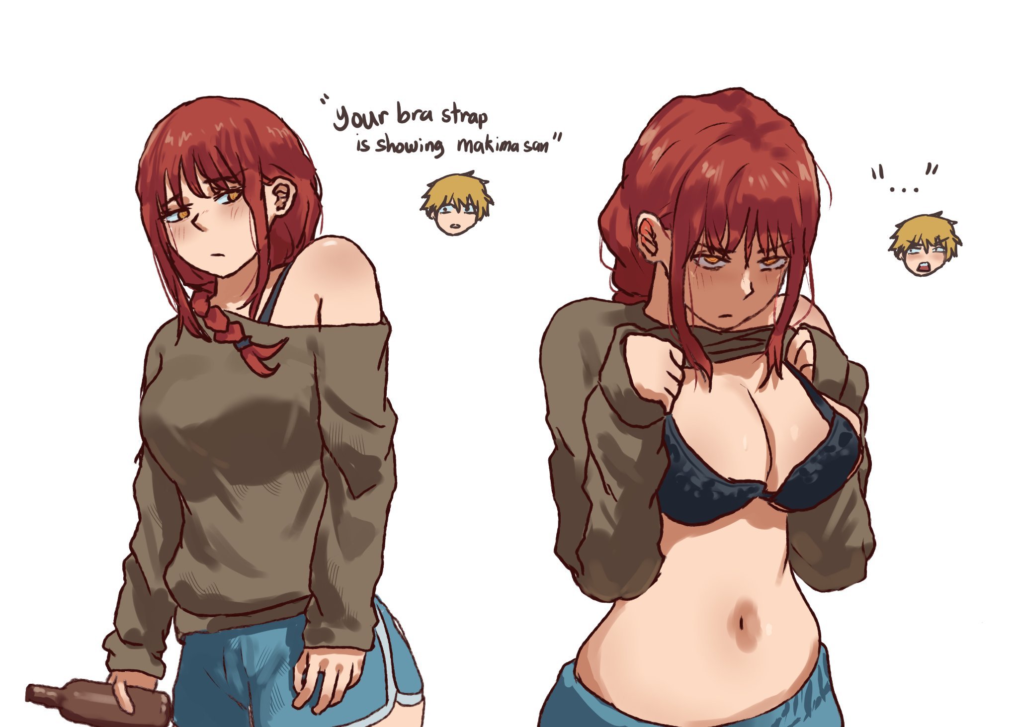 1girls, 2d, 2d (artwork), 2d artwork, adult, adult female, alternate personality, anime, anime character, anime girl, antagonist, background, bare belly, bare midriff, bare navel, bare skin, belly, belly button, big boobs, big breasts, black bra, black underwear, blank background, blonde, blonde hair, blonde male, blonde-haired male, blue bottomwear, blue shorts, bottomwear, bra, braid, braided hair, braided ponytail, braids, breasts, brown sweater, brown topwear, busty, busty female, busty girl, chainsaw man, cleavage, color, colored, denji (chainsaw man), digital, digital art, digital drawing, digital drawing (artwork), digital media, digital media (artwork), drawing, exposed belly, exposed midriff, exposed navel, exposed skin, exposing, exposing breasts, exposing chest, exposing self, eyebrows visible through hair, eyes, fanart, female, female focus, female only, fingers, flashing, frown, frown eyebrows, frowning, frowning at viewer, hourglass figure, landscape, large boobs, large breasts, lean figure, long hair, looking at viewer, looking up, looking up at viewer, makima (chainsaw man), manga character, mappa, mature, mature female, mature woman, midriff, monotone background, narrow waist, navel, one color background, personality change, plain background, pluvion, ponytail, presenting breasts, red eyes, red hair, red-eyed male, red-haired female, redhead, redhead female, revealing breasts, ring eyes, ringed eyes, scowl, shonen jump, shorts, shoulders, showing breasts, showing chest, shueisha, single braid, skindentation, slender body, slender waist, slim female, slim waist, solid color background, solo, standing, sweater, sweater aside, sweater lift, sweater pull, sweater up, tied hair, topwear, topwear aside, topwear lift, topwear pull, topwear up, underwear, undressing, undressing self, upper body, v-shaped eyebrows, villain, villainess, weekly shonen jump, white background, wide hips, woman, yellow eyes, yellow-eyed female