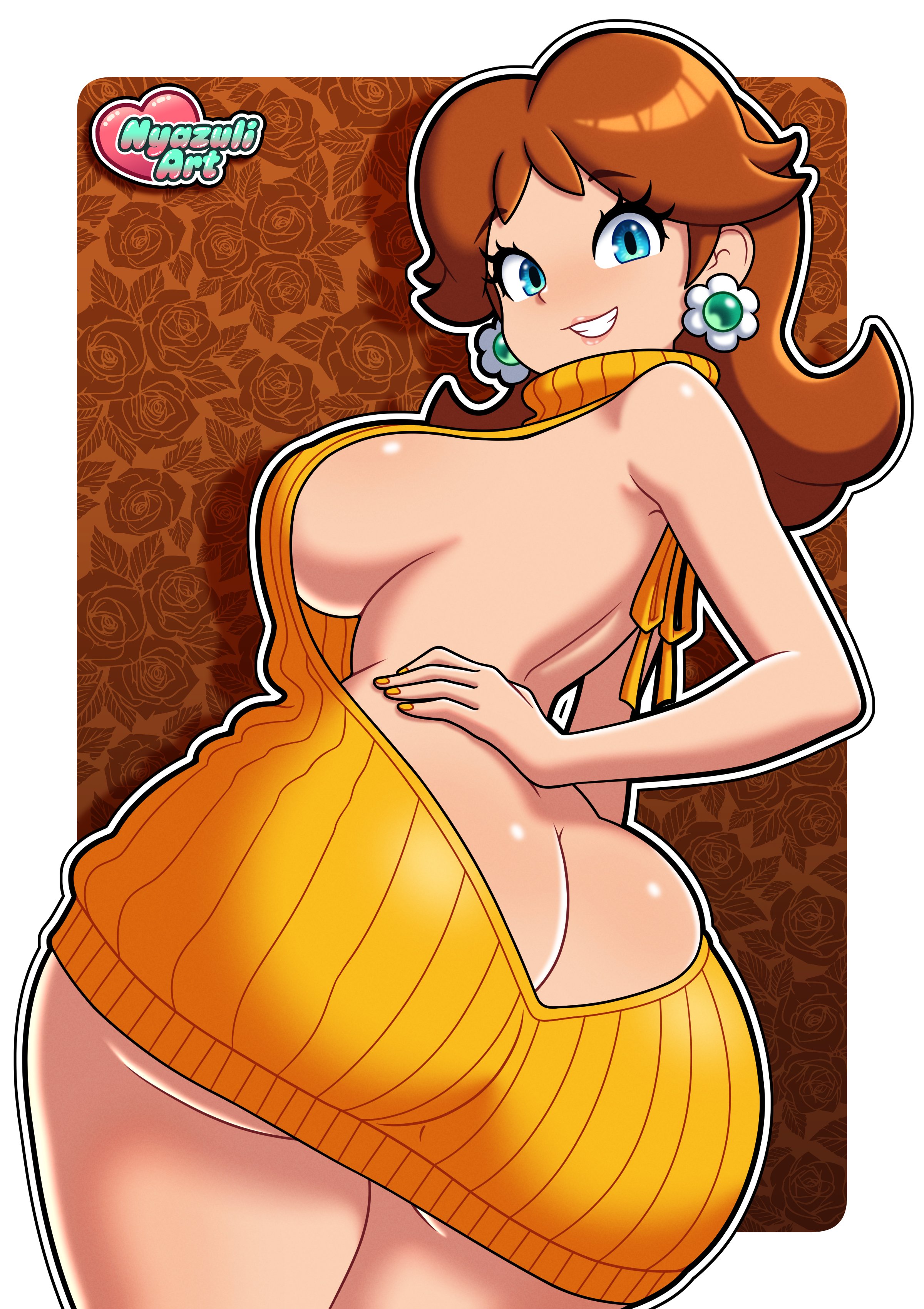 1girls, alternate breast size, ass, backless outfit, bare back, big ass, breasts, large breasts, mario (series), nintendo, nyazuliart, princess daisy, turtleneck, turtleneck sweater, virgin killer sweater