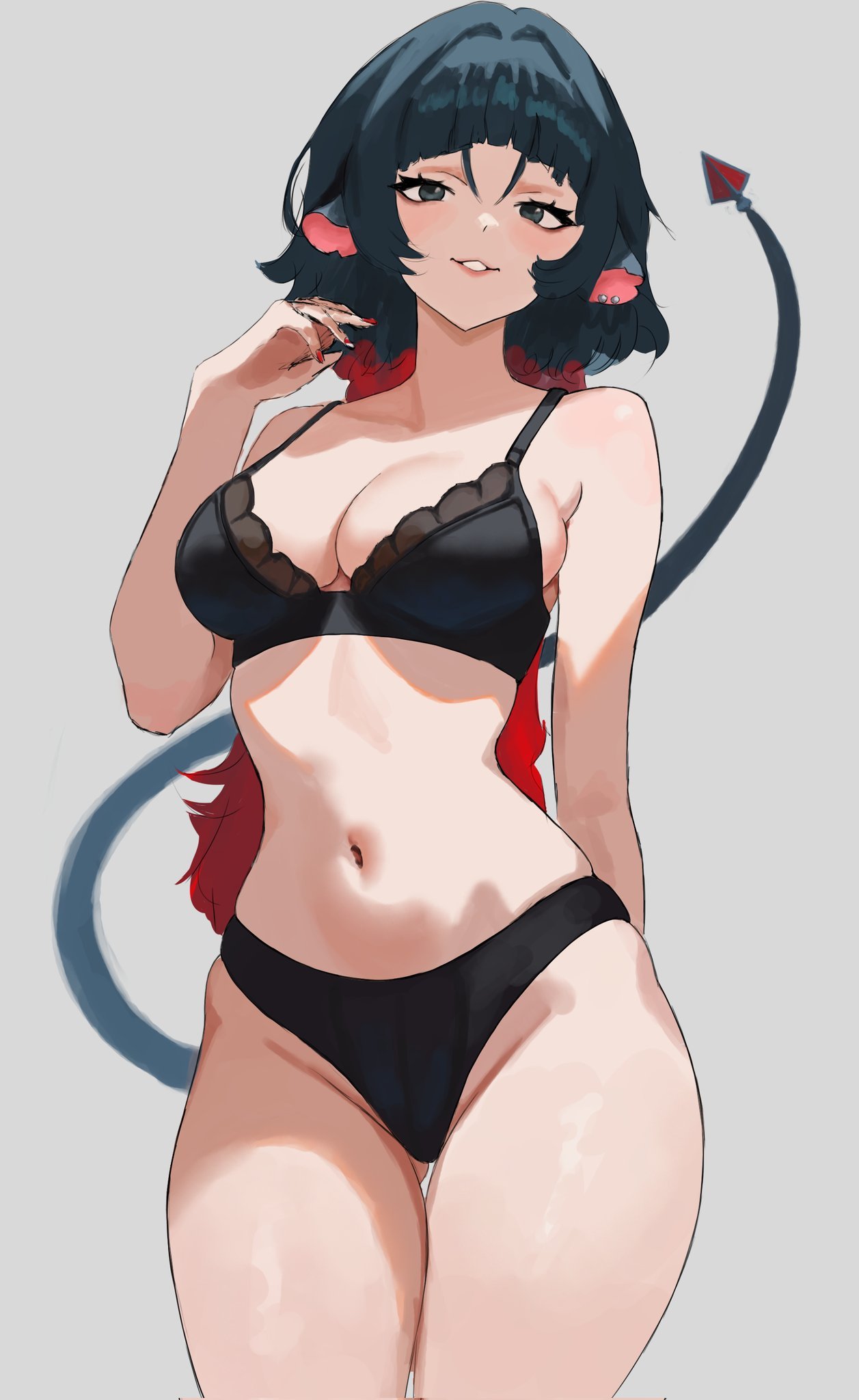 1girls, 2d, 2d (artwork), 2d artwork, adult, adult female, akinoshi, almost naked, almost nude, arm behind back, background, bangs, bare arms, bare belly, bare chest, bare hands, bare hips, bare legs, bare midriff, bare navel, bare shoulders, bare skin, bare thighs, belly, belly button, big boobs, big breasts, black bottomwear, black bra, black eyebrows, black eyes, black hair, black lingerie, black panties, black underwear, black-eyed female, black-haired female, blunt bangs, bottomwear, bra, breasts, busty, busty female, busty girl, cleavage, collarbone, color, colored, colored hair, colored nails, cowboy shot, curvaceous, curvaceous body, curvaceous female, curvaceous figure, curvaceous hips, curvy, curvy body, curvy female, curvy figure, curvy hips, dark hair, digital, digital art, digital drawing, digital drawing (artwork), digital media, digital media (artwork), drawing, ear piercing, ear piercings, elbows, exposed, exposed arms, exposed belly, exposed chest, exposed hips, exposed legs, exposed midriff, exposed navel, exposed shoulders, exposed skin, exposed thighs, eye-level view, eyebrows, eyes, facing viewer, fanart, feet out of frame, female, female focus, female only, fingernails, fingers, foot out of frame, from front, front view, game character, grey background, groin, hair, hand behind back, head tilt, hip dips, hips, hourglass figure, hoyoverse, inframammary fold, inguinal crease, inguinal ligament, jane doe (zenless zone zero), knees out of frame, large boobs, large breasts, lean figure, leg out of frame, legs closed, legs out of frame, legs together, lingerie, lingerie bra, lingerie only, lingerie panties, lip gloss, lips, lipstick, long hair, looking at viewer, looking down, looking down at viewer, matching underwear, mature, mature female, mature woman, midriff, mihoyo, monotone background, mostly nude, multicolored hair, nail polish, nails, naked, naked female, naked woman, narrow waist, navel, nearly nude, nude, nude female, nudity, one color background, painted nails, panties, parted lips, pierced ear, pierced ears, pink lips, pink lipstick, plain background, portrait, posing, posing for the viewer, posing naked, posing nude, practically nude, red fingernails, red hair, red nail polish, red nails, red-haired female, redhead, redhead female, shoulders, skindentation, slender body, slender waist, slim female, slim waist, smile, smiley face, smiling, smiling at viewer, solid color background, solo, split-color hair, standing, tail, thick thighs, thigh gap, thighs, thighs out of frame, thighs together, tilted head, top view, two tone hair, two-tone hair, underwear, underwear only, upper body, video game, video game character, video games, voluptuous, voluptuous body, voluptuous female, voluptuous figure, voluptuous woman, wide hips, woman, zenless zone zero