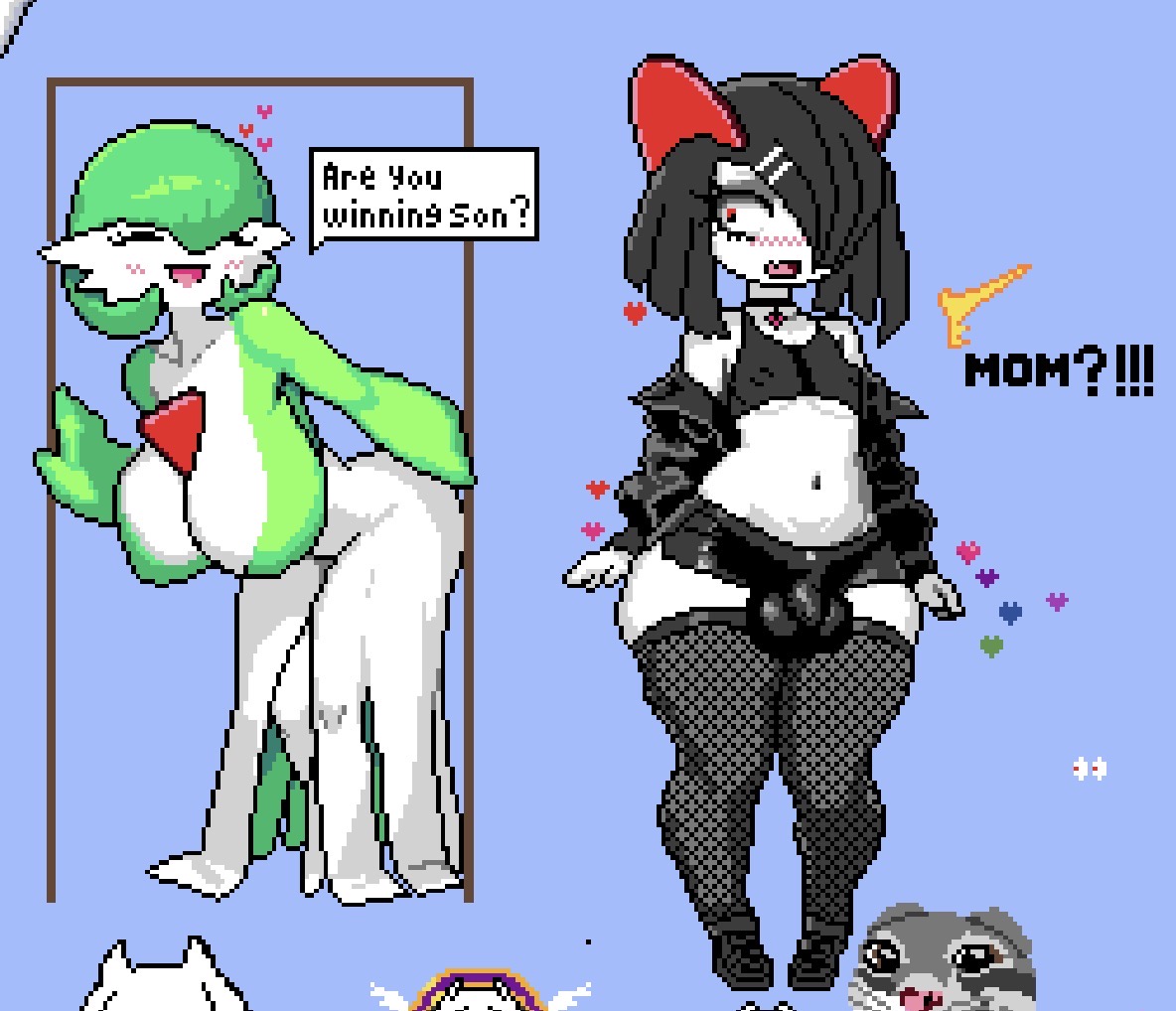 1boy, 1boy1girl, 1girl1boy, 1girls, big bulge, bulge, bulge through clothing, cleavage, clothed, crop top, femboy, gardevoir, generation 3 pokemon, humanoid, humanoid female, humanoid male, humanoid only, jacket, kirlia, mother and child, mother and son, pixel art, pokemon, pokemon (species), wide hips, wplace, wplace (artwork)