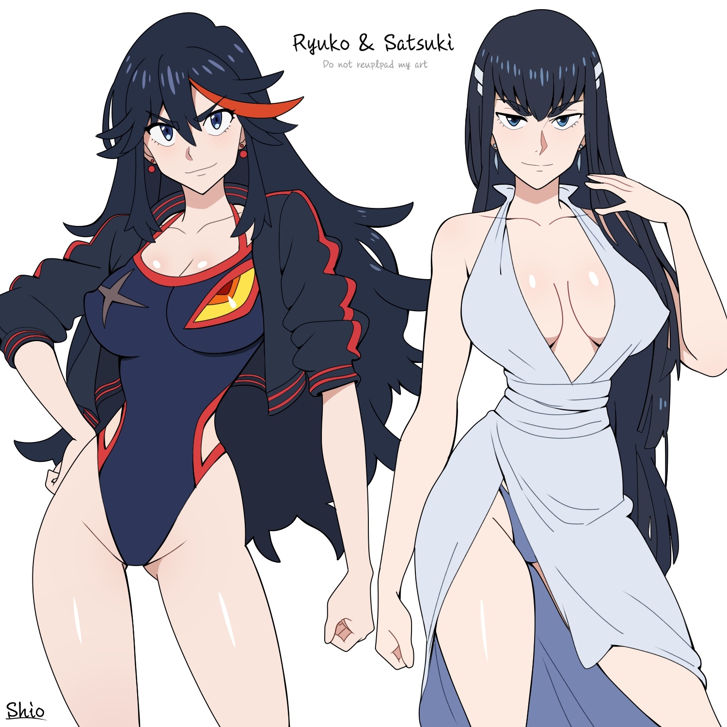 1:1, 1:1 aspect ratio, 2d, 2d (artwork), 2d artwork, 2girls, accessory, alternative hairstyle, anime, anime character, anime girl, asian, asian female, asian girl, asian woman, ass visible from the front, ass visible through thighs, background, baddie, bewitching thighs, big boobs, big breasts, big sister, bikini, black bikini, black coat, black hair, black jacket, black one-piece swimsuit, black swimsuit, black swimwear, black-haired female, blank background, blood related, blue bottomwear, blue eyes, blue panties, blue underwear, blue-eyed female, bottomwear, breasts, breasts apart, busty, busty female, busty girl, busty teen, busty teenager, child bearing hips, cleavage, closed mouth smile, clothes, coat, collarbone, color, colored, colored hair, confident, confident expression, confident female, confident pose, confident smile, confident stare, cowboy shot, curvaceous, curvaceous body, curvaceous female, curvaceous figure, curvaceous hips, curvaceous teenager, curvy, curvy body, curvy female, curvy figure, curvy hips, curvy teen, different hair style, digital, digital art, digital drawing, digital drawing (artwork), digital media, digital media (artwork), drawing, dress, duo, earrings, eye-level view, eyebrows visible through hair, eyes, facing viewer, fanart, feet out of frame, female, female focus, female only, female protagonist, fertile, fertile hips, fingers, foot out of frame, from front, front view, glistening boobs, glistening breasts, glistening hair, glistening legs, glistening skin, glistening thighs, glossy breasts, glossy hair, groin, hair accessory, hair between eyes, hair ornament, hair ornaments, hand on hip, hand on own hip, head tilt, high school student, hips, hourglass figure, inframammary fold, inguinal crease, inguinal ligament, jacket, japanese, japanese female, japanese girl, japanese woman, kill la kill, kiryuuin satsuki, knees out of frame, large boobs, large breasts, lascivious, lean figure, leg out of frame, legs out of frame, light smile, little sister, living clothes, living clothing, long hair, looking at viewer, main character, manga character, matoi ryuuko, monotone background, multicolored hair, multiple females, multiple girls, narrow waist, nipple bulge, older sister, one color background, one-piece swimsuit, open coat, open jacket, outfit, panties, plain background, protagonist, red hair, red-haired female, redhead, redhead female, school girl, school girls, schoolgirl, senketsu, sentient clothing, sexy female, shiny breasts, shiny hair, shiny legs, shiny skin, shiny thighs, shiosatou999, short hair, shoulders, siblings, sister and sister, sisters, slender body, slender waist, slight smile, slim female, slim waist, smile, smiley face, smiling, smiling at viewer, smug, smug expression, smug eyes, smug face, smug grin, smug smile, solid color background, split-color hair, standing, studio trigger, swimsuit, swimwear, teen girl, teenage female, teenage girl, teenage girls, teenage tits, teenager, thigh gap, thighs, tilted head, top view, topwear, touching hip, two tone hair, underwear, upper body, voluptuous, voluptuous body, voluptuous female, voluptuous figure, voluptuous teenager, voluptuous woman, white background, white clothes, white dress, white outfit, white topwear, wide hips, young female, young woman, younger sister