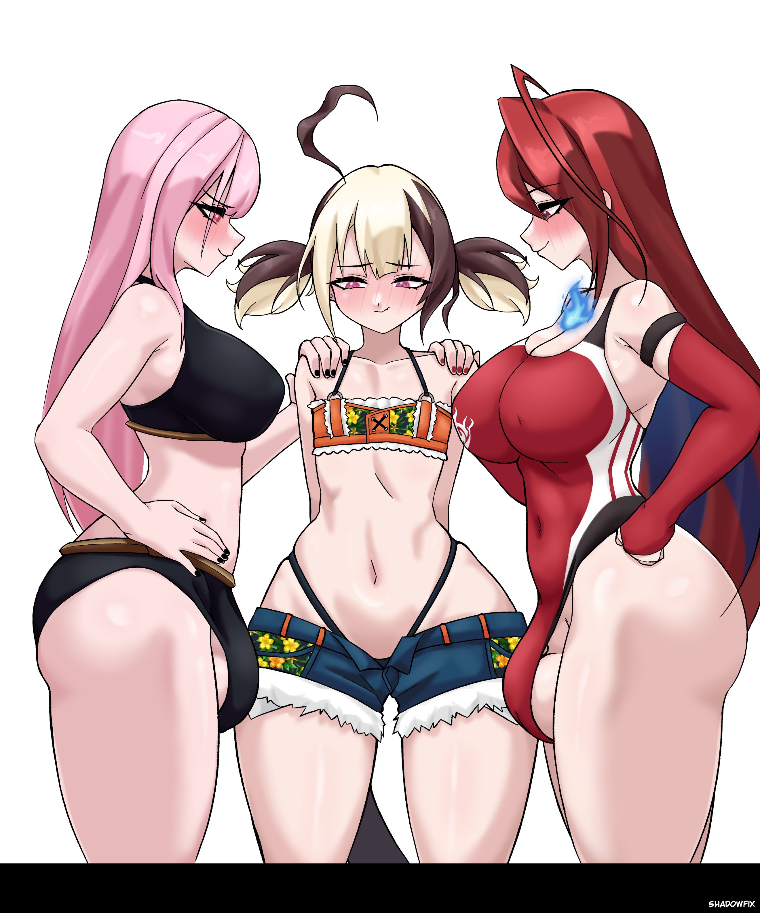 1girls, 2futas, ahoge, ass, balls, big ass, big balls, big breasts, big butt, blonde hair, bottom heavy, brown hair, bulge, butt, elizabeth rose bloodflame, elizabeth rose bloodflame (holonatsu paradise), embarrassed female, female, futa on female, futa with female, futanari, gigi murin, gigi murin (holonatsu paradise), hololive, hololive english, hololive english -justice-, hololive myth, holonatsu paradise, huge ass, huge breasts, huge butt, large breasts, large butt, light skin, long hair, mori calliope, mori calliope (holonatsu paradise), nail polish, navel, navel visible through clothes, pigtails, pink eyes, pink hair, red eyes, shadowfix, shorts, side balls, side view, swimsuit, thick thighs, thighs, two-tone hair, virtual youtuber, vtuber, wide hips