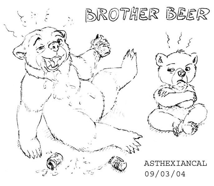 2004 asthexiancal beer brother_bear cub disney drunk feral kenai koda male_only monochrome rough_sketch sketch what