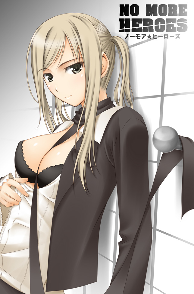 between_breasts big_wednesday blonde_hair bra breasts cleavage clothes_between_breasts lingerie no_more_heroes open_clothes open_shirt shirt silvia_christel suda_51 sylvia_christel underwear