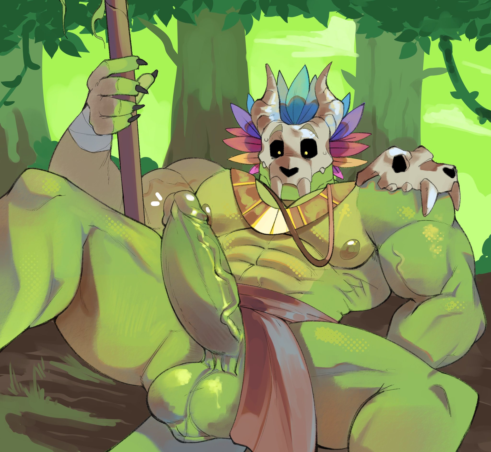 2d (artwork), balls, bara, big penis, boner, claws, erection, fungirussy, laying down, lihzahrd, male, male only, muscular male, nipples, penis, reptile, reptile humanoid, skull, skull mask, tagme, terraria, witch doctor (terraria)