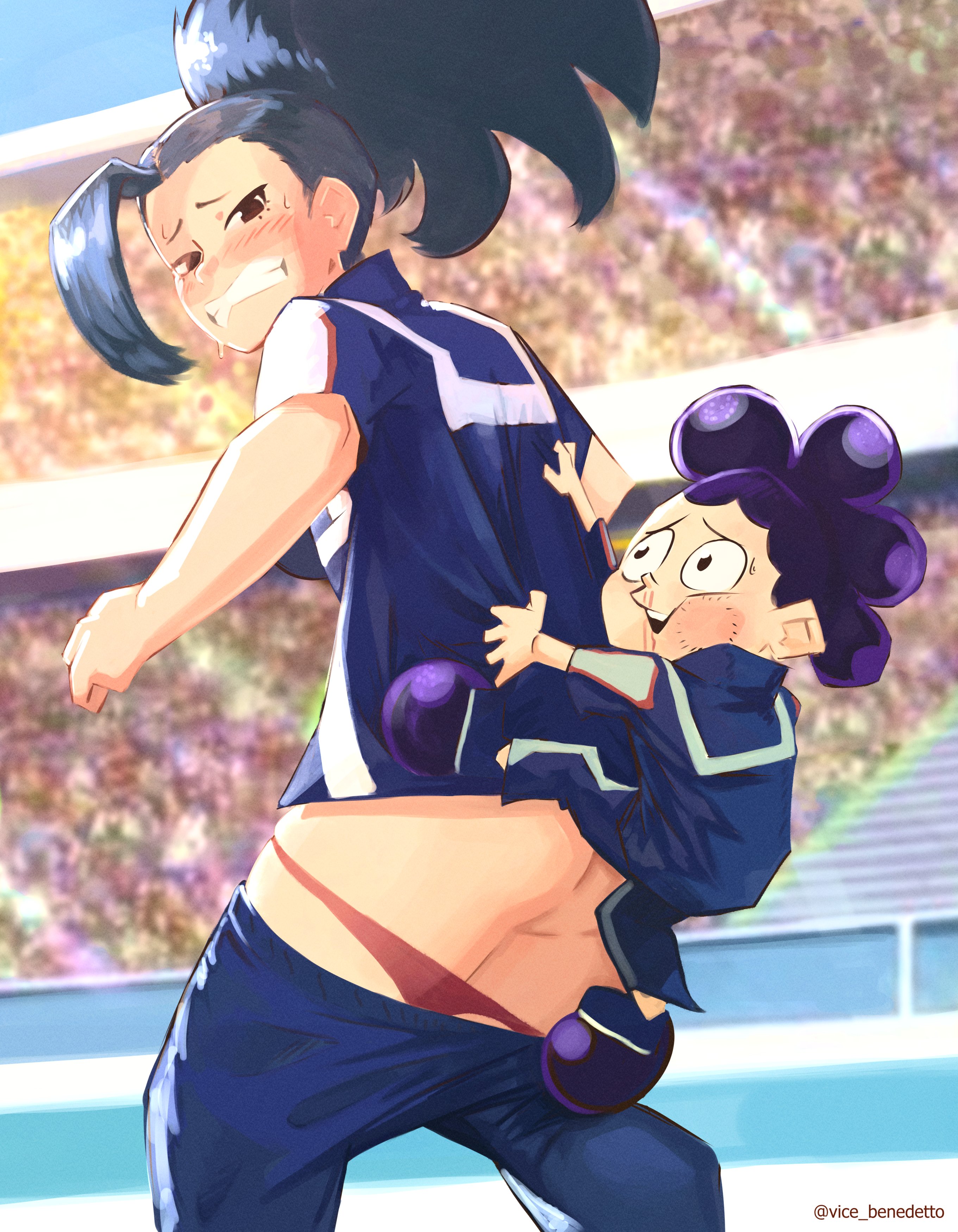 1boy, 1girls, audience, crowd, embarrassed, exhibitionism, female, gym uniform, hi res, humiliation, larger female, male, minoru mineta, momo yaoyorozu, my hero academia, pantsed, public, public humiliation, school, school uniform, sexual harassment, size difference, smaller male, stadium, teenager, vice benedetto