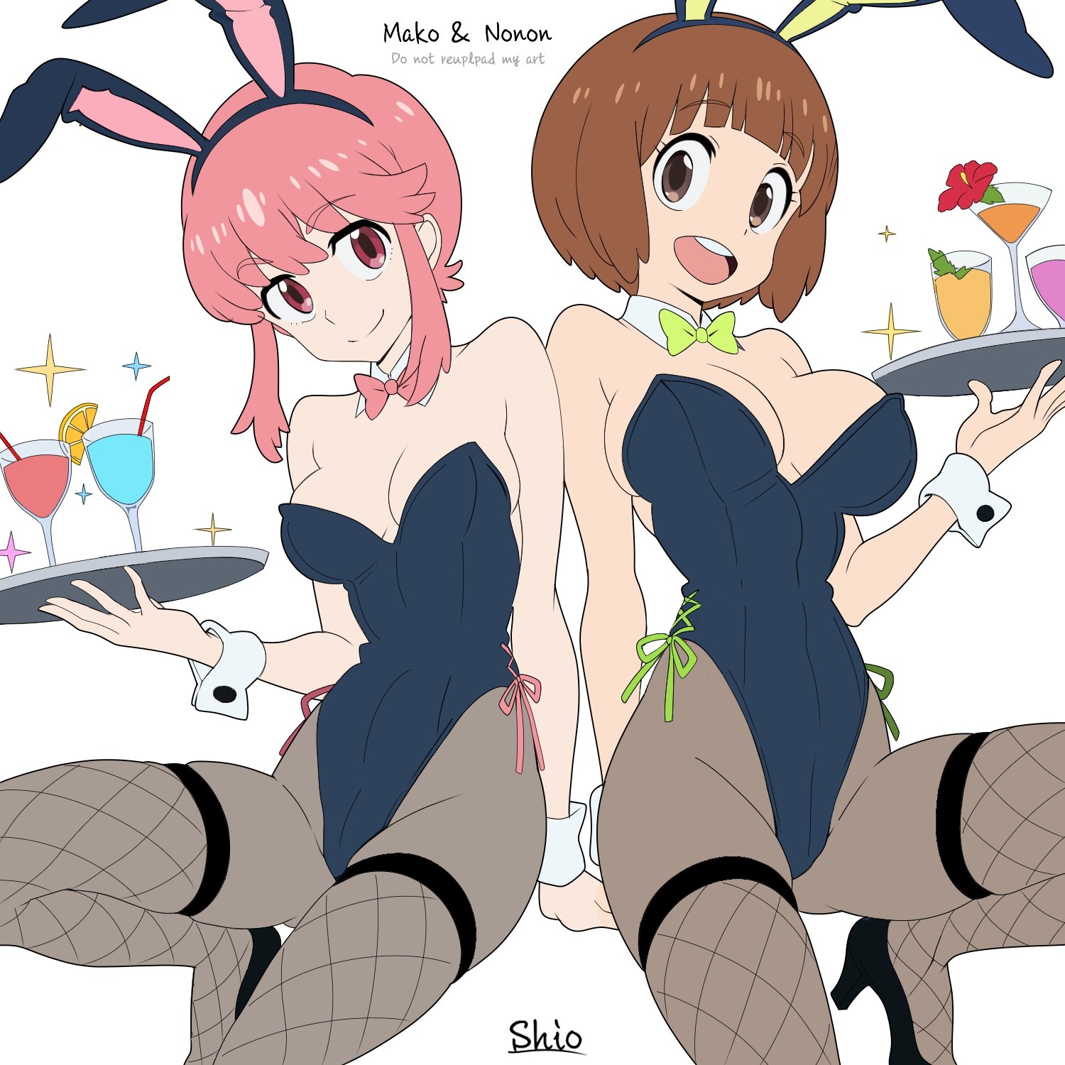 1:1, 1:1 aspect ratio, 2d, 2d (artwork), 2d artwork, 2girls, anime, anime character, anime girl, arm behind back, arm support, asian, asian female, asian girl, asian woman, average breasts, background, bare arms, bare chest, bare hands, bare shoulders, bare skin, below view, big boobs, big breasts, black bunny ears, black bunnysuit, black footwear, black hairband, black headwear, black heels, black high heels, black legwear, black leotard, black shoes, black stockings, black thigh highs, black thighhighs, black topwear, blank background, bowtie, breasts, breasts apart, brown eyes, brown hair, brown legwear, brown pantyhose, brown stockings, brown tights, brown-eyed female, brown-haired female, bunny costume, bunny ears, bunnygirl, bunnygirl outfit, bunnysuit, busty, busty female, busty girl, busty teen, busty teenager, calves, cleavage, closed mouth smile, collar, collarbone, color, colored, cowboy shot, curvaceous, curvaceous body, curvaceous female, curvaceous figure, curvaceous hips, curvaceous teenager, curvy, curvy body, curvy female, curvy figure, curvy hips, curvy teen, detached collar, digital, digital art, digital drawing, digital drawing (artwork), digital media, digital media (artwork), down angle, down view, drawing, duo, elbows, exposed arms, exposed chest, exposed shoulders, exposed skin, eyebrows, eyebrows visible through hair, eyes, fanart, female, female focus, female only, fingers, fishnet legwear, fishnet stockings, fishnet thigh highs, fishnet thighhighs, footwear, from below, from below view, from bottom to top, from front, front view, groin, hair, hair between eyes, hairband, hand behind back, head tilt, headwear, heels, high heels, high school student, hips, hourglass figure, inframammary fold, inguinal crease, inguinal ligament, jakuzure nonon, japanese, japanese female, japanese girl, japanese woman, kill la kill, knees, knees out of frame, large boobs, large breasts, lean figure, legs, legwear, leotard, light smile, long hair, looking at viewer, looking down, looking down at viewer, low angle, low angle view, low-angle shot, low-angle view, manga character, mankanshoku mako, medium breasts, monotone background, multiple females, multiple girls, narrow waist, neckwear, one color background, open mouth, open mouth smile, pantyhose, parted lips, pink bowtie, pink eyebrows, pink eyes, pink hair, pink hair female, pink-eyed female, pink-haired female, plain background, playboy bunny, playboy bunny costume, playboy bunny leotard, playboy bunnysuit, playboy outfit, posing, posing for the viewer, school girl, school girls, schoolgirl, serving tray, shiosatou999, shoes, short hair, shoulders, sidelocks, skindentation, slender body, slender waist, slight smile, slim female, slim waist, smile, smiley face, smiling, smiling at viewer, solid color background, standing, stockings, strapless, strapless leotard, studio trigger, teen girl, teenage female, teenage girl, teenage girls, teenage tits, teenager, teeth, teeth visible, thigh highs, thighhighs, thighs, tights, tilted head, tongue, top down view, top view, topwear, tray, under view, upper teeth, upper teeth only, upward angle, voluptuous, voluptuous body, voluptuous female, voluptuous figure, voluptuous teenager, voluptuous woman, white background, white collar, white neckwear, white wrist cuffs, wide hips, worm's-eye view, worms-eye view, wrist cuffs, wristwear, yellow bowtie, young female, young woman