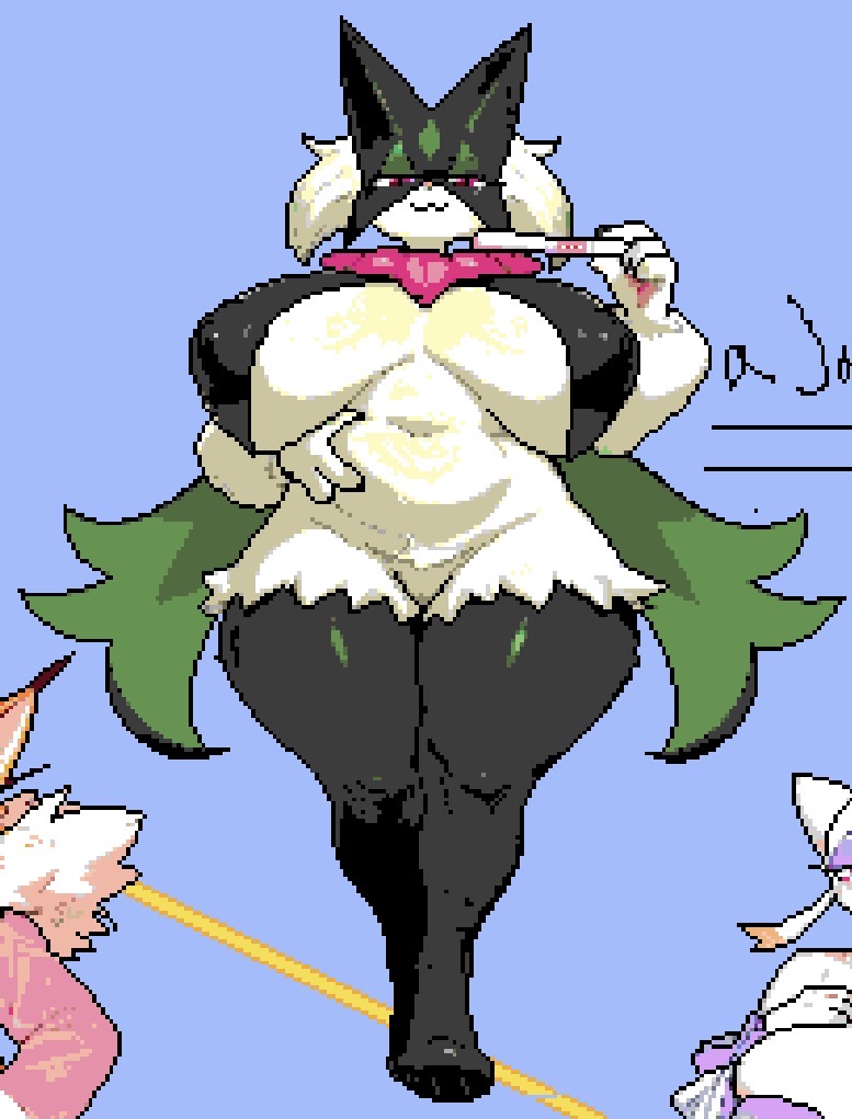 1girls, anthro, curvy, furry, huge breasts, hyper breasts, meowscarada, pixel art, pokemon, pokemon (species), solo, thick thighs, wplace, wplace (artwork)